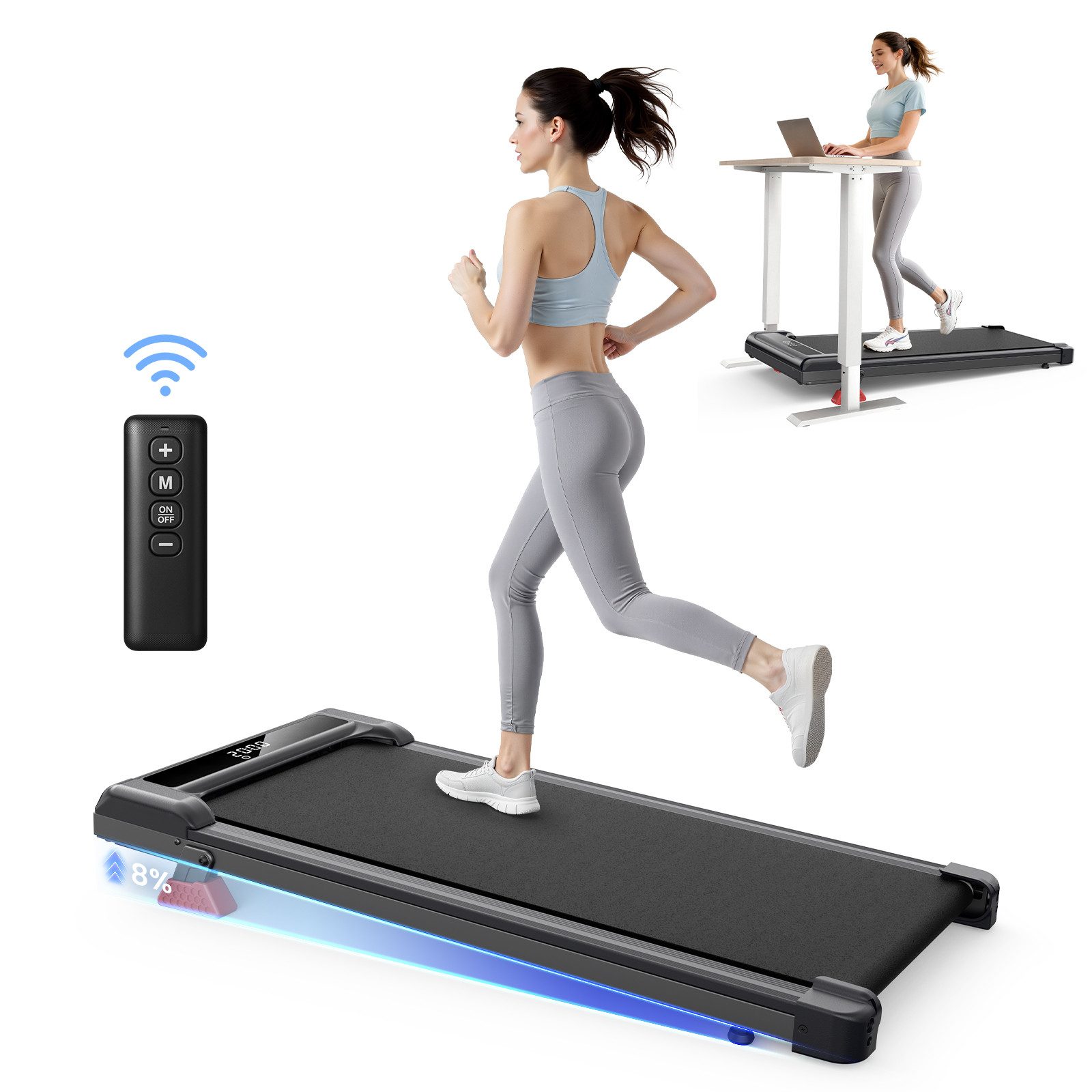 Hamlody Laufband für Zuhause mit Steigung 8%, Laufbänder 10 km/h, 3-in-1 Walking Pad (Drehzahl: 3600 U/min), Treadmill mit 3,0-PS-Motor, Max Belastung 130KG