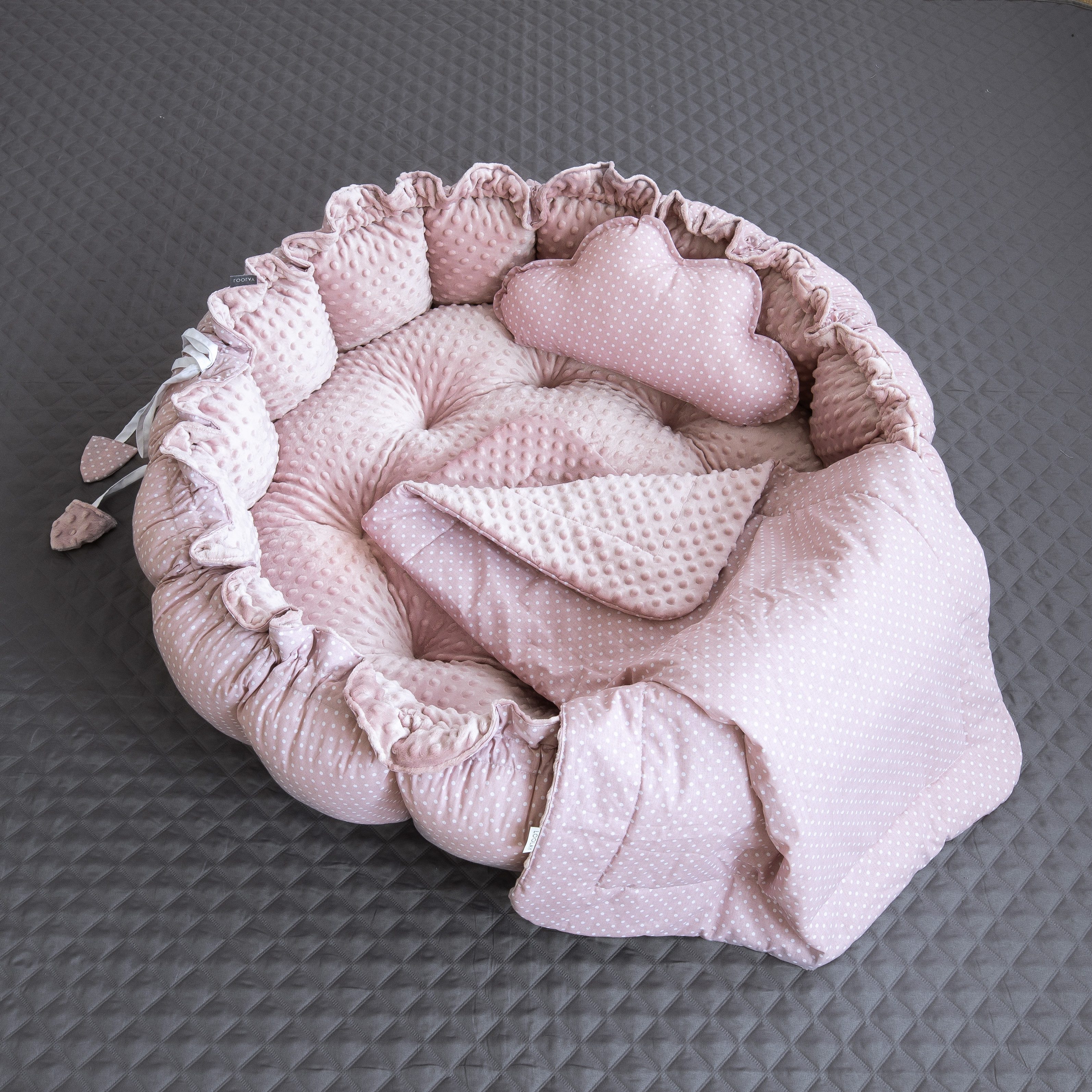 Loolay Bettnestchen PUNKTE Rosa/ MINKY ENGELSNEST Nestchen Babynest Unterlage, (PREMIUM Babyausstattung XXL Babykokon als Nestchen Ø90cm, als Krabbeldecke Ø155c – Bild 3 von 5
