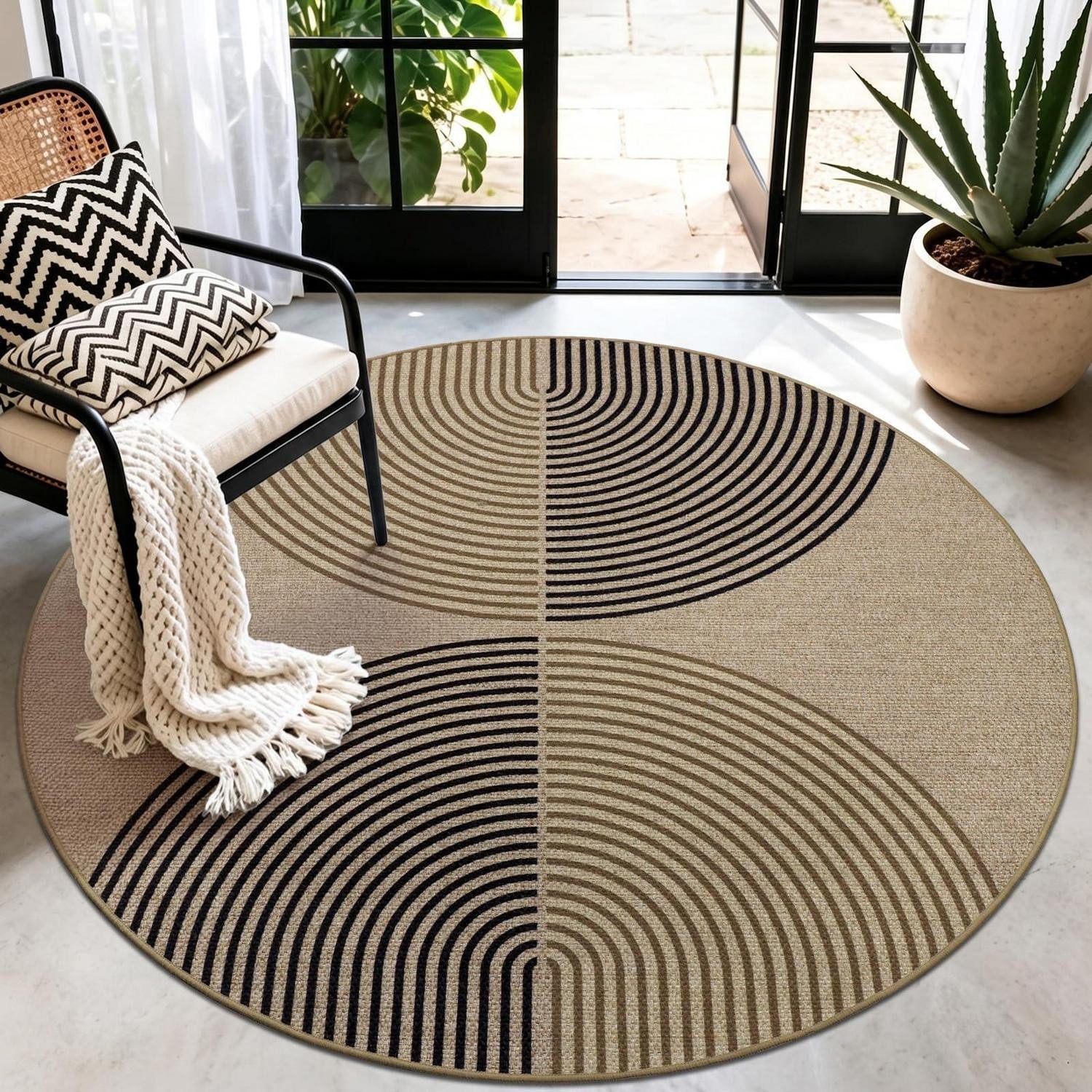 LuxusKollektion Outdoorteppich Teppich Rund Jute 120cm Boho Schwarz Braun, rund, Höhe: 3 mm