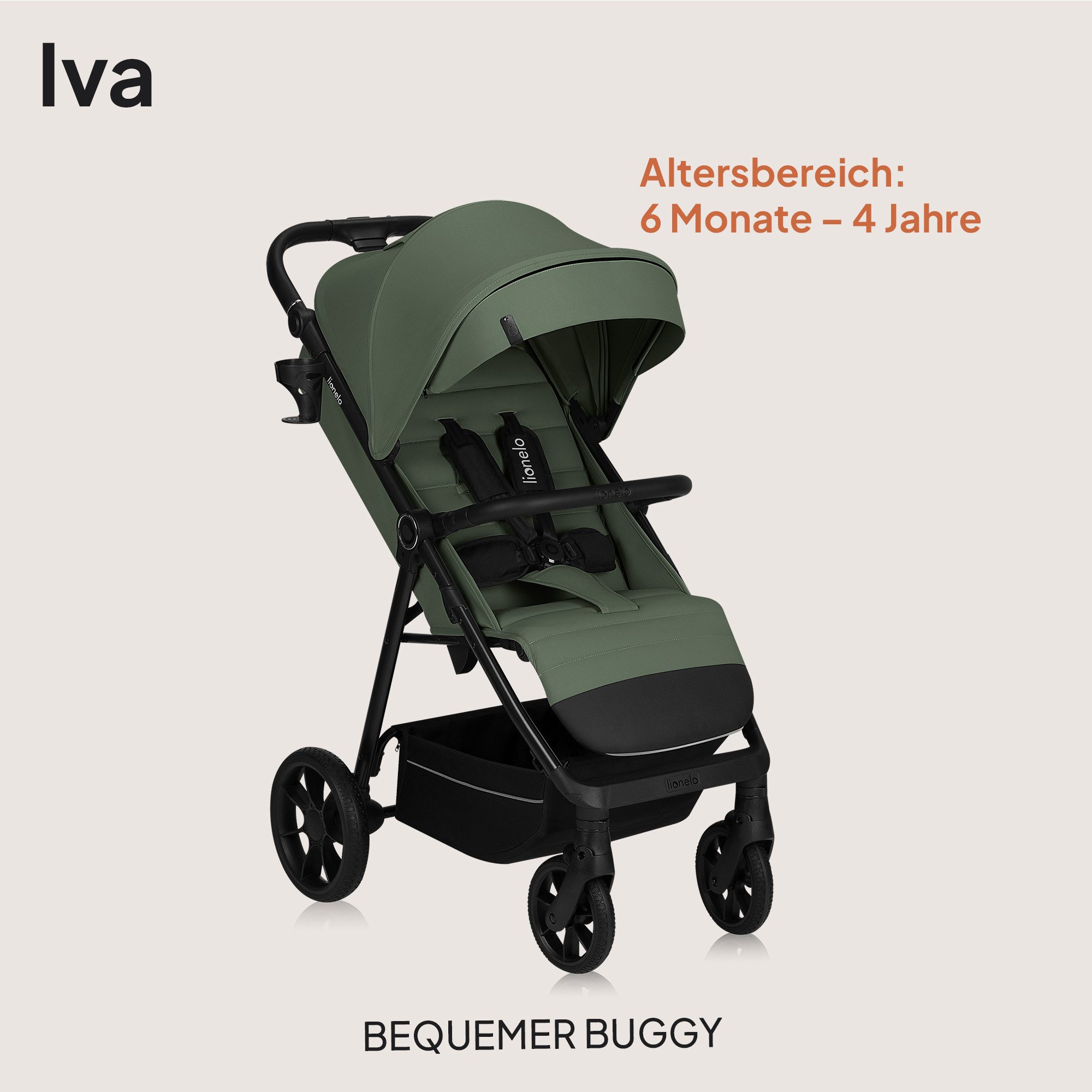 lionelo Kinder-Buggy IVA, (Set mit Moskitonetz und Getränkehalter), PU-Räder mit Profil/UPF50+/Magnetgurt/92 cm Liegefläche