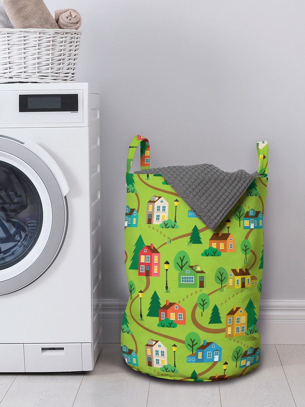 Waschsalons, Sommer Wäschesäckchen Wäschekorb für Häuser Abakuhaus mit Kordelzugverschluss Bäume-Plan Griffen Gebäude
