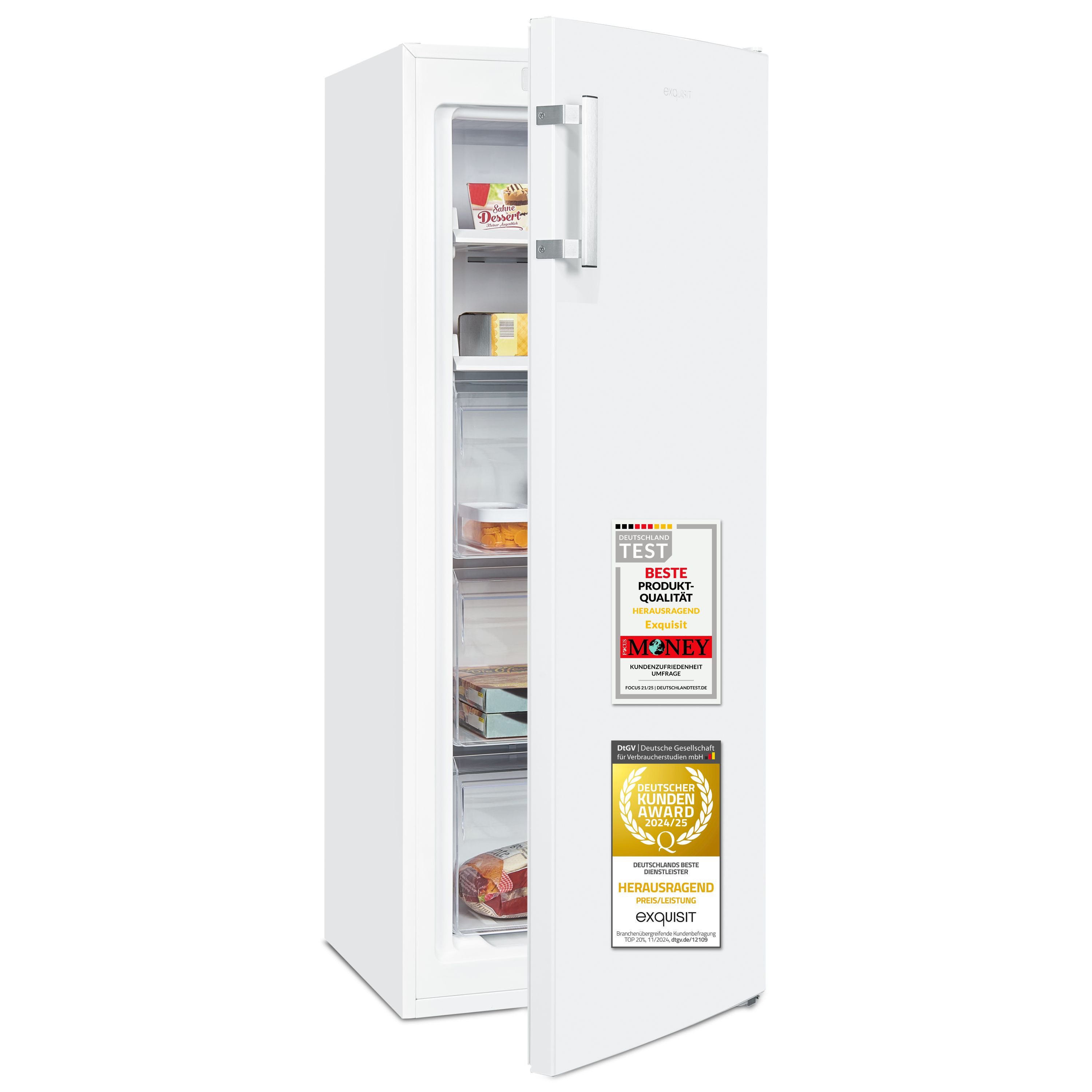 exquisit Gefrierschrank GS5231-NF-H-040C weiss, 143 cm hoch, 54 cm breit, NoFrost, Abtauverfahren automatisch, Schnellgefrierfunktion
