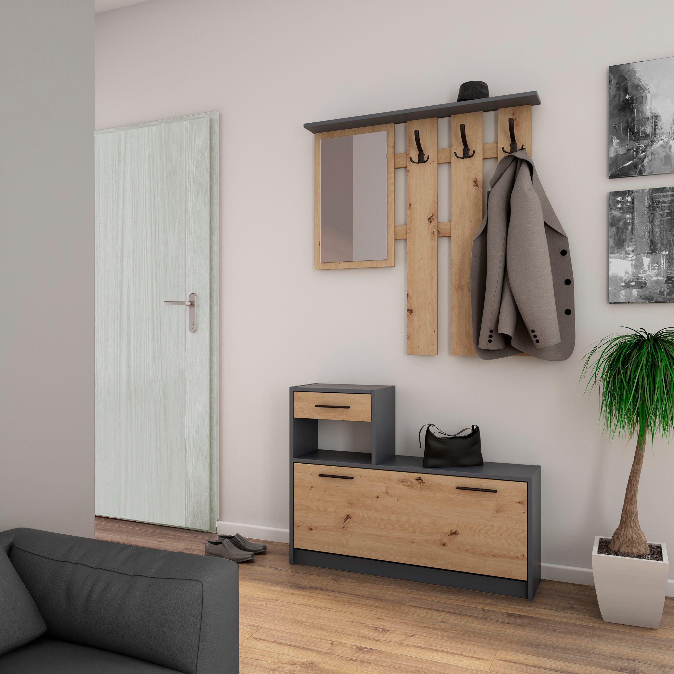 byLIVING Garderoben-Set TAMINA, Artisan Eiche (Eiche-Optik), Spiegel, Hutablage, Stauraum für Schuhe