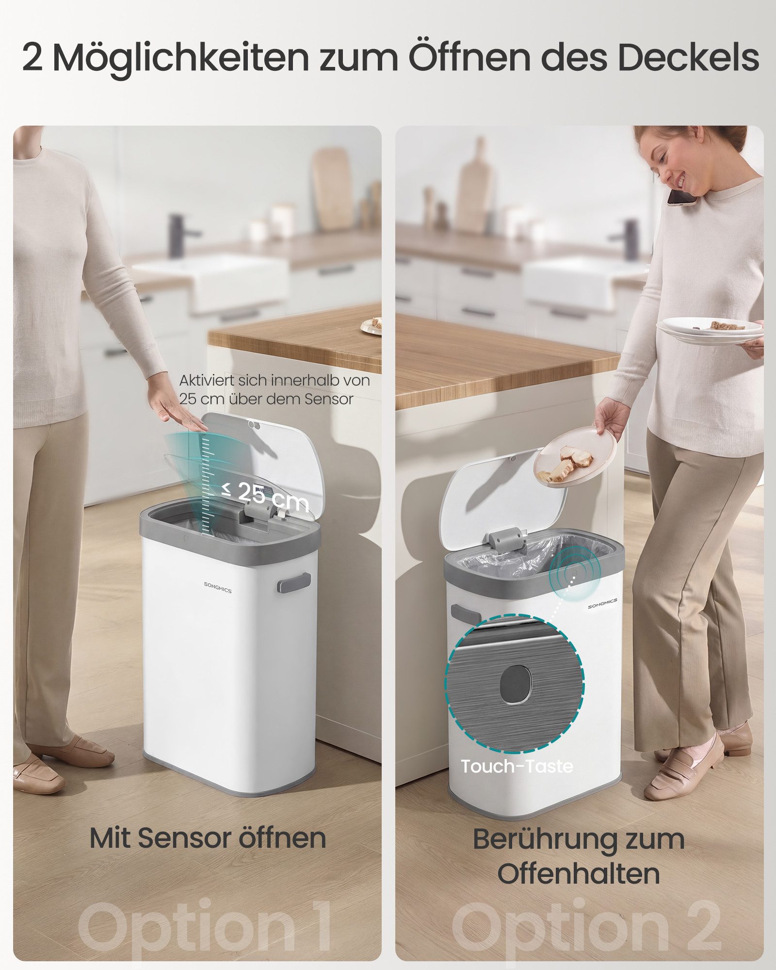 SONGMICS Mülleimer Sensor-Mülleimer, Küche 50 L, mit Sensor, Stahl, Kohlefilter, Softclose-Deckel