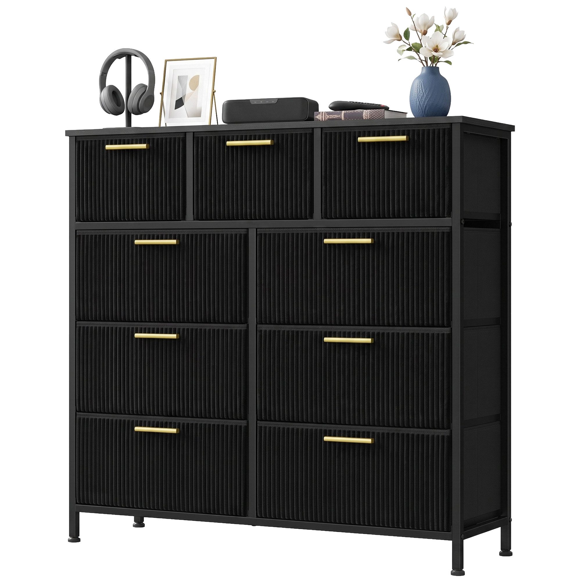 SONGMICS Kommode Wohnzimmerschrank im Cord-Design, Kommode mit 9 Schubladen, 98,7 x 30 x 96,2 cm, Tintenschwarz