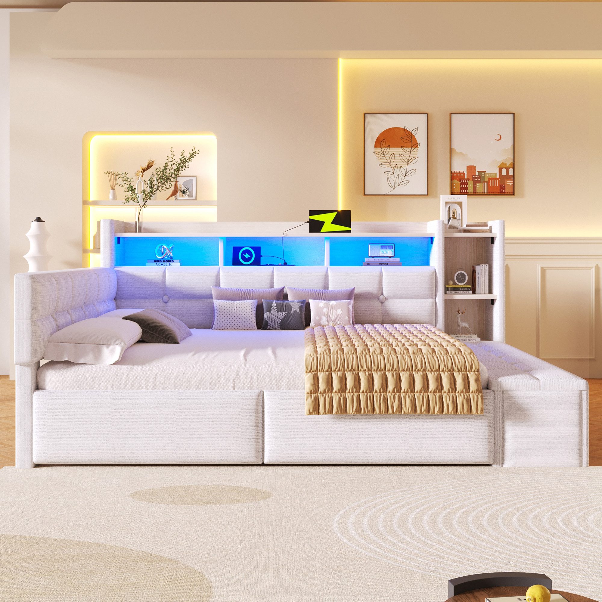 Merax Daybett mit LED Lichtleiste, USB & Typ-C, Samt (Schlafsofa Sofabett Jugendbett Kinderbett, 1 tlg), Tagesbett 140x190cm mit Schubladen,Ablagefach,Stauraumbank am Fußende