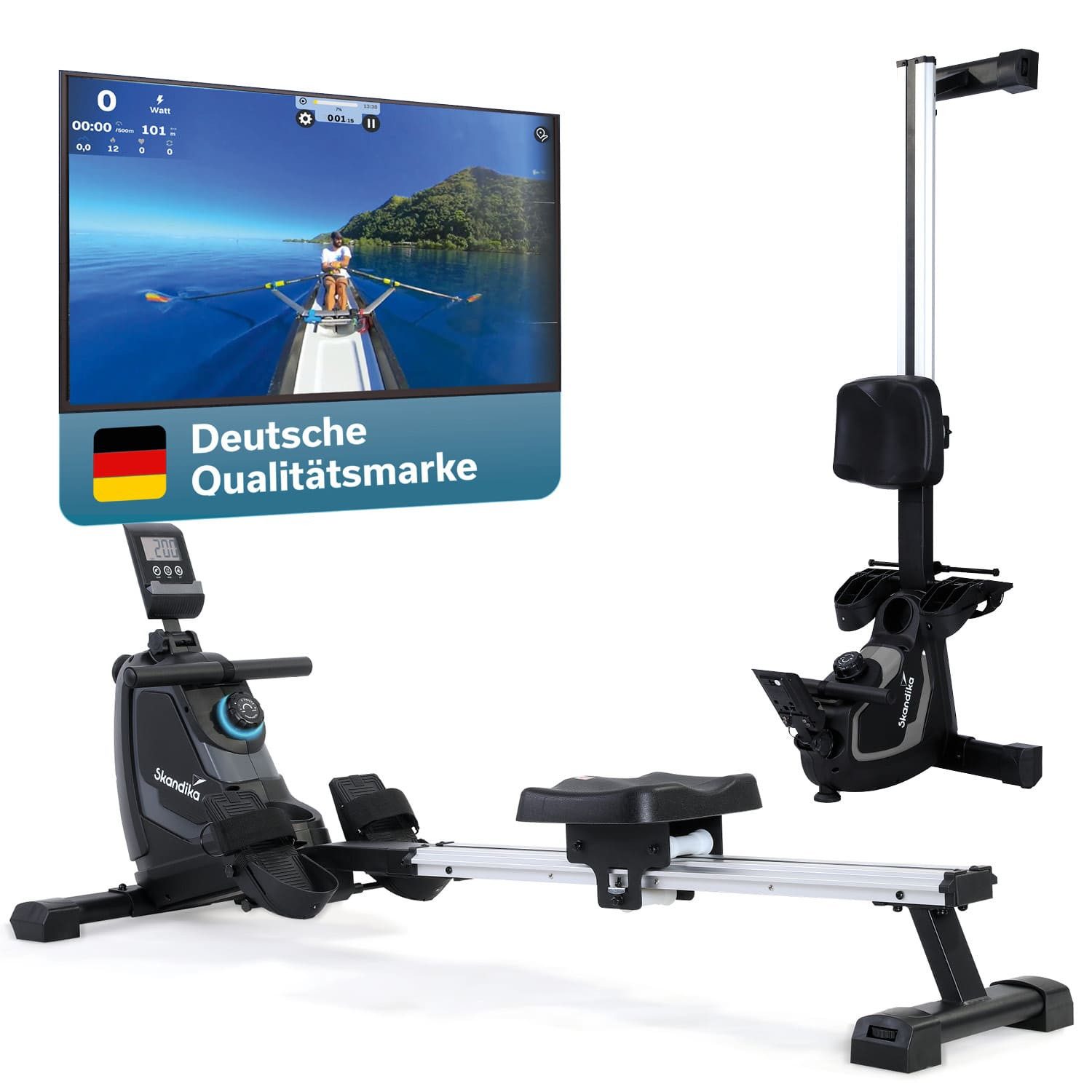 Skandika Rudergerät Venn, Ruderergometer für Zuhause, aufstellbar, Kinomap App kompatibel, Tablet-Halterung, LED-Display, Magnetbremssystem, 8 Widerstandsstufen