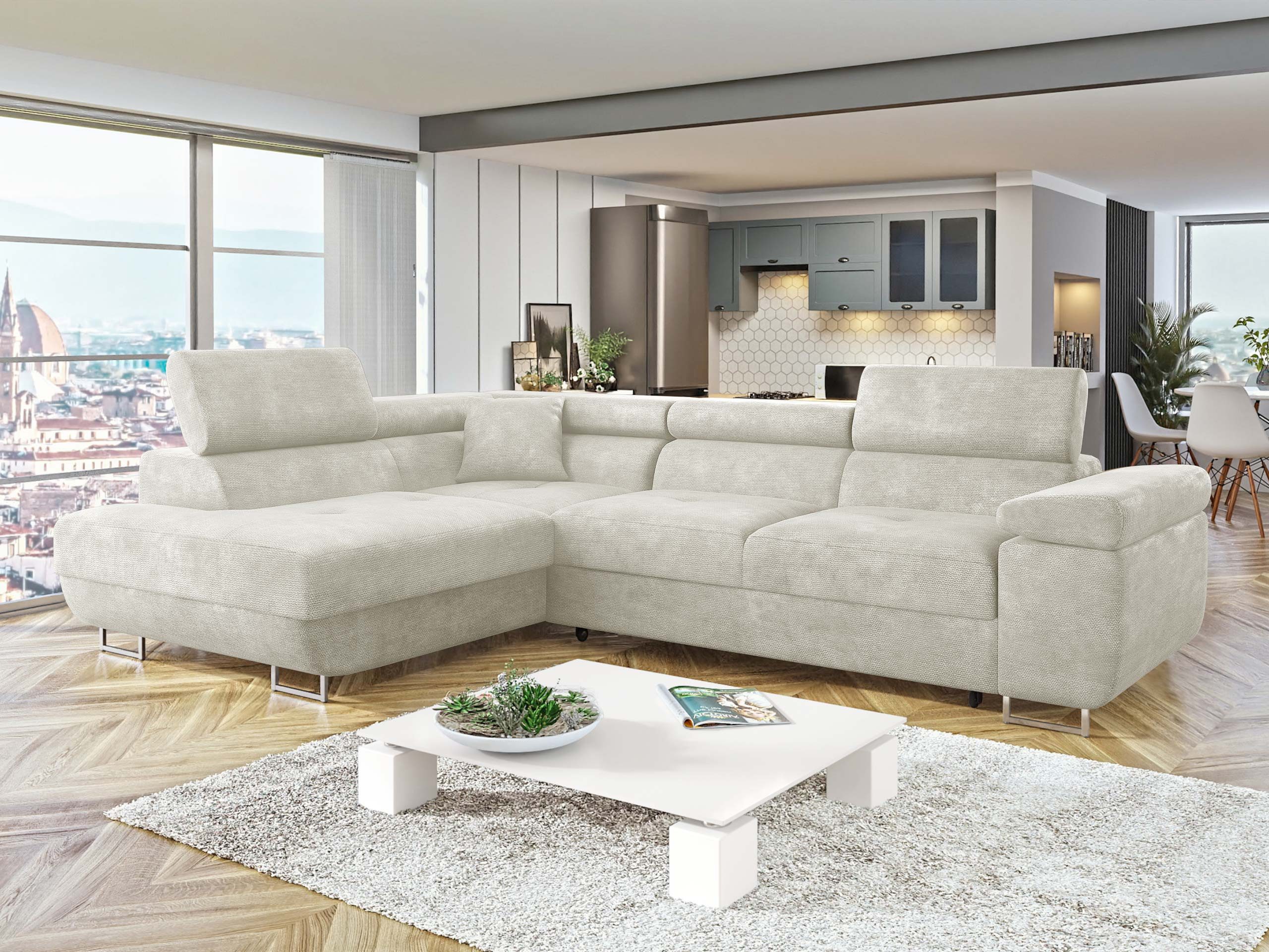 MIRJAN24 Ecksofa Torezio, mit Bettkasten und Schlaffunktion, Einstellbare Kopfstützen, 274x203x70-90 cm