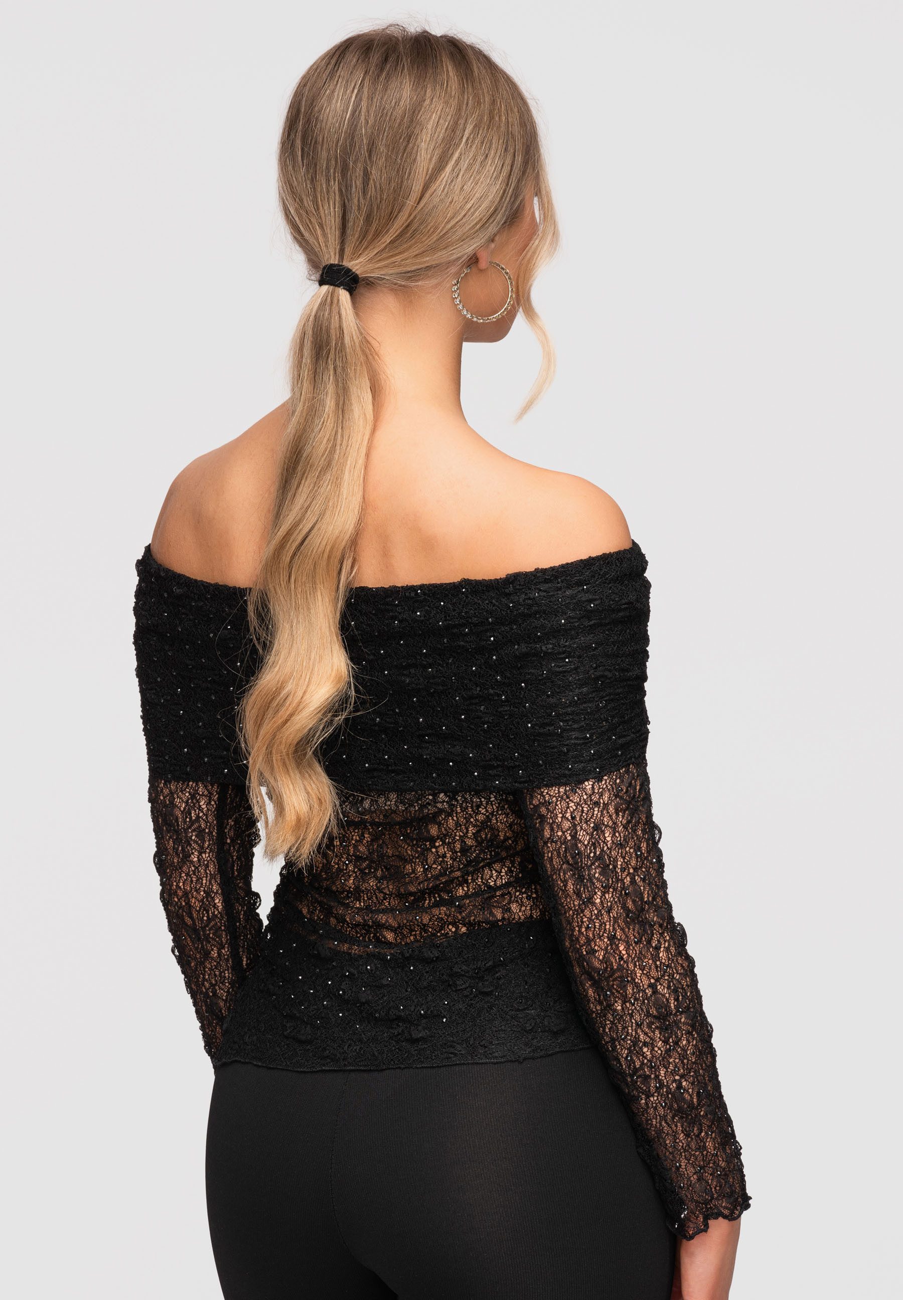 OMBRE Carmenbluse Damen Carmenbluse Spitze Elegant Schwarz S/M (kein Set, 1-tlg) Ajour-Muster, transparente Ärmel