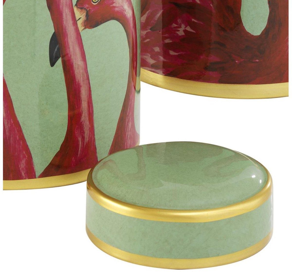 Porzellan Dekoobjekt - Padrino mit Deckel / Dosen Set Casa Gold Dosen Luxus Mehrfarbig Flamingos Deko