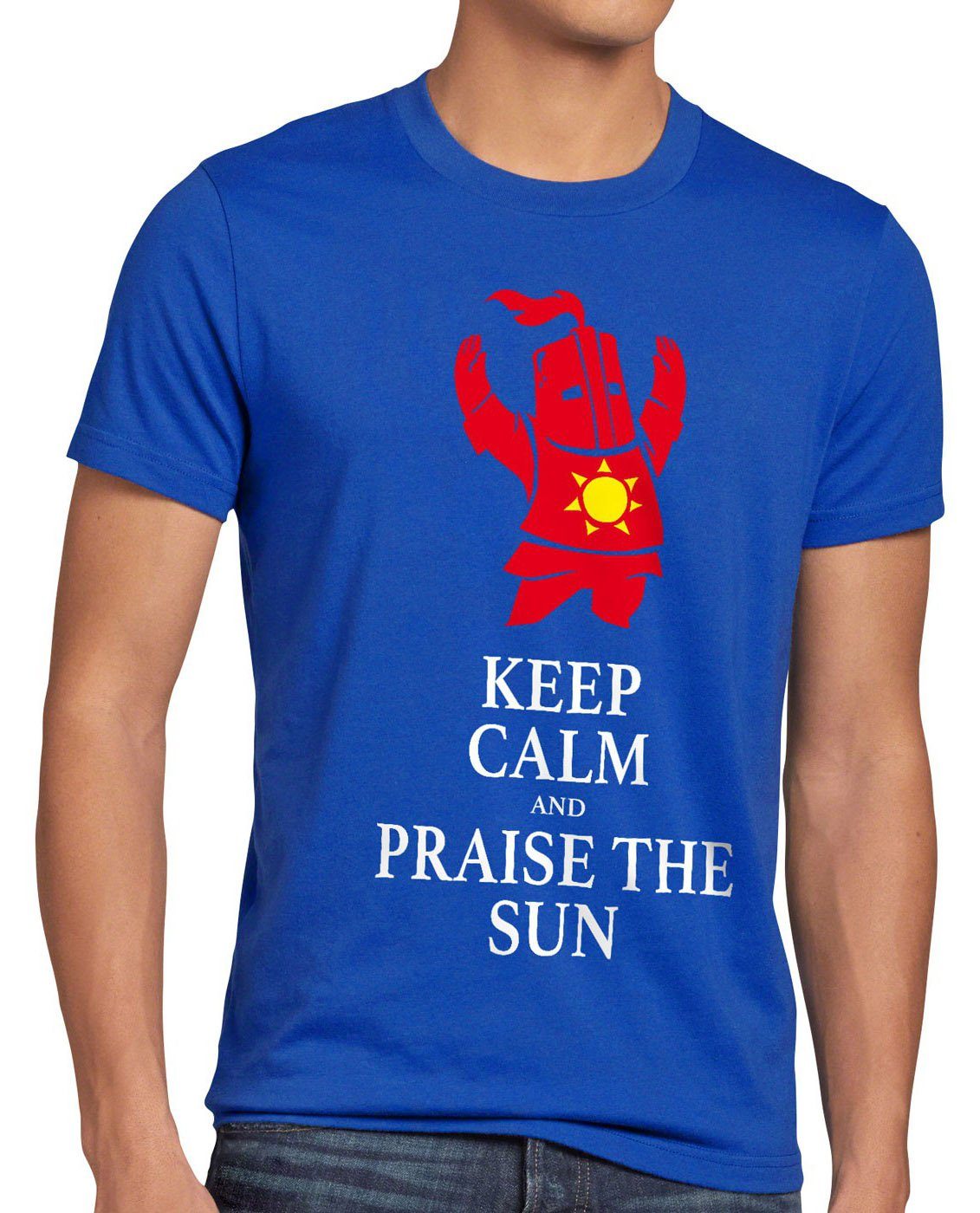 style3 Print-Shirt Herren T-Shirt Keep Calm Praise the Sun Dark Sunbro Solaire Souls Sonnen Ritter blau