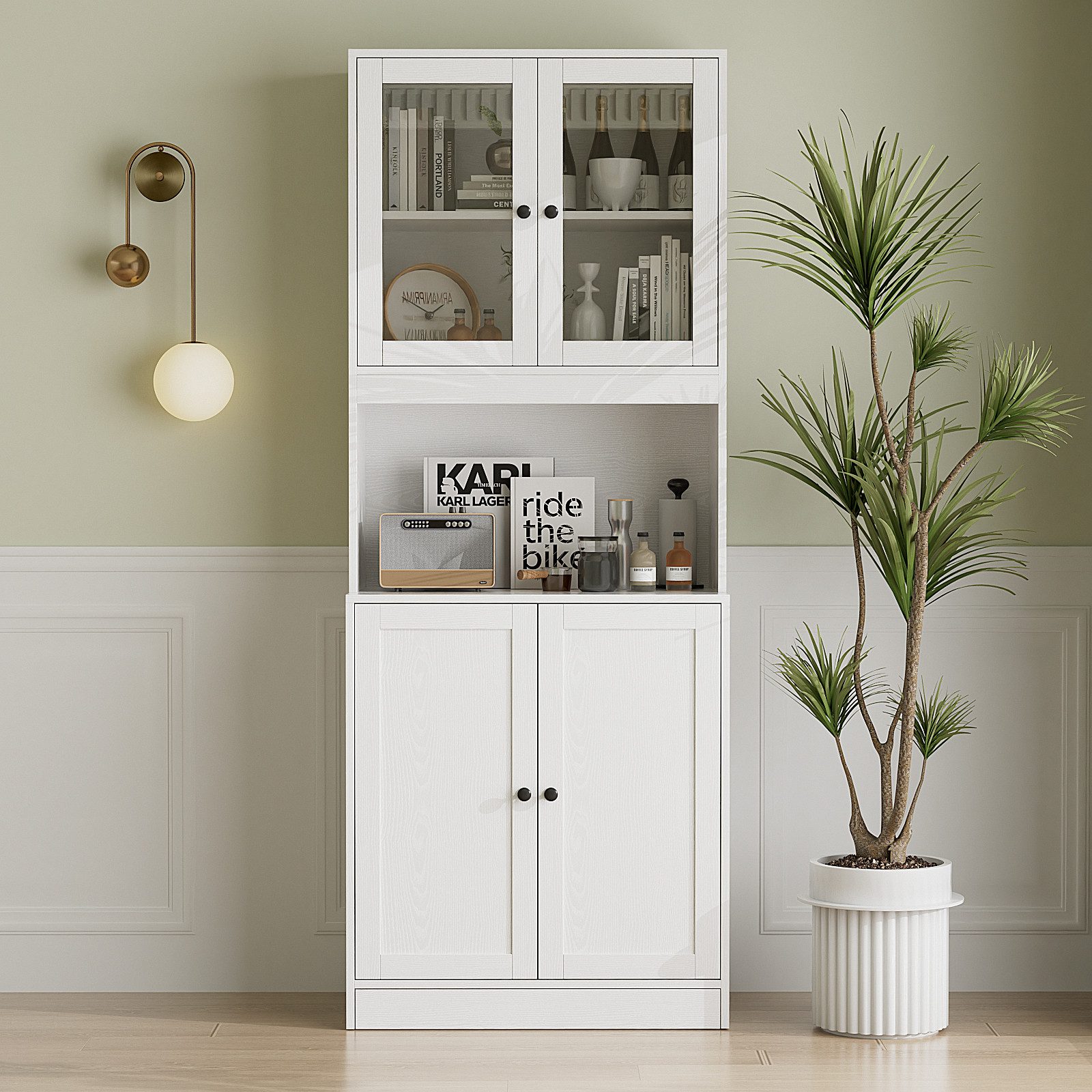 VOWNER Vitrine 180cm Vitrinenschrank mit Glastüren, Küchenschrank mit Arbeitsplatte (1-St) 5-Stöckiges Bücherregal, Buffetschrank für Wohnzimmer