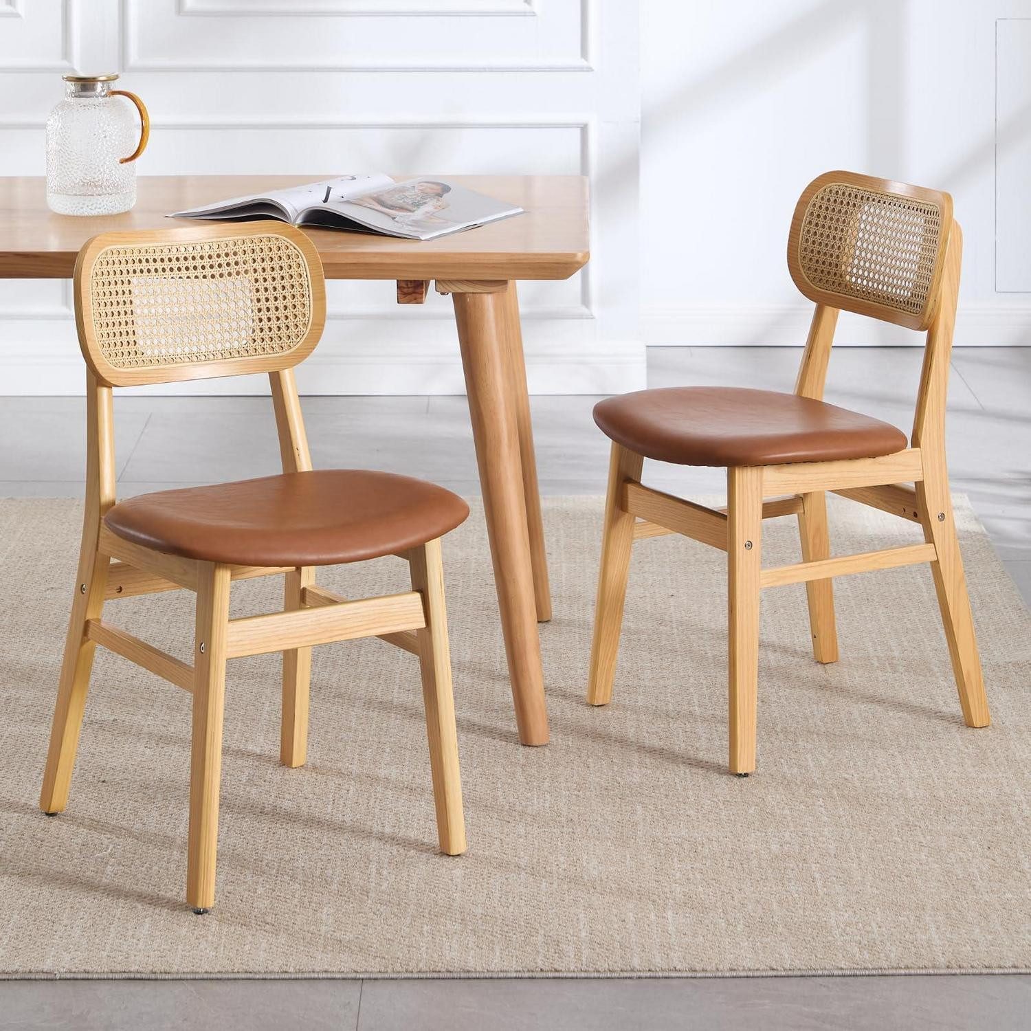 LuxusKollektion Esszimmerstuhl Esszimmerstühle 2er Set Holz PU Leder Rattan Rückenlehne Braun-2
