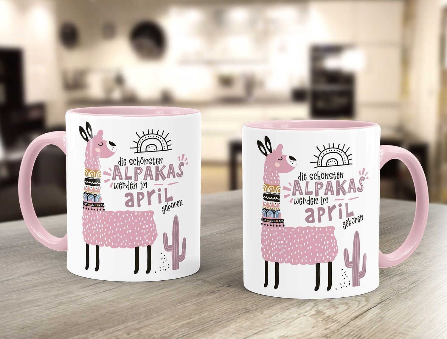 SpecialMe Tasse Kaffee-Tasse Die Schönsten Geburtags-Geschenke im April Geburtsmonat SpecialMe®, Alpakas individuelle Januar-Dezember Motiv anpassbares Lama geboren Keramik Rosa rosa werden