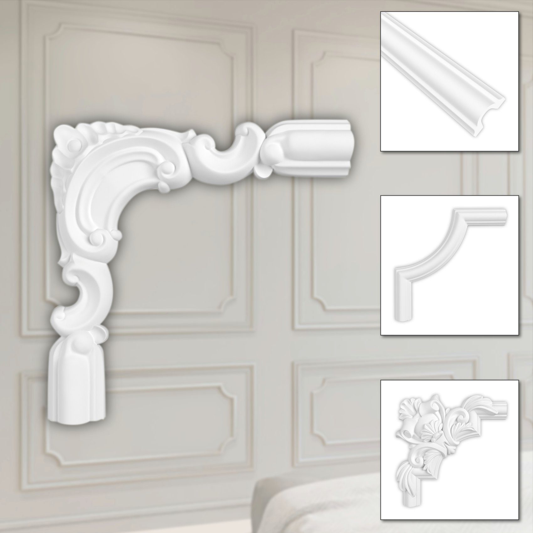 Hexim Zierleiste HCR518-3, 2 Ecken, HEXIM Eckstück aus PU-Polyurethane - extrem widerstandsfähig, schneeweiß & modern (2 Stück HCR518-3) Stuckdecke Bilderrahmen Kassetierung Barocke HCR518-3 - 220 x 220 mm