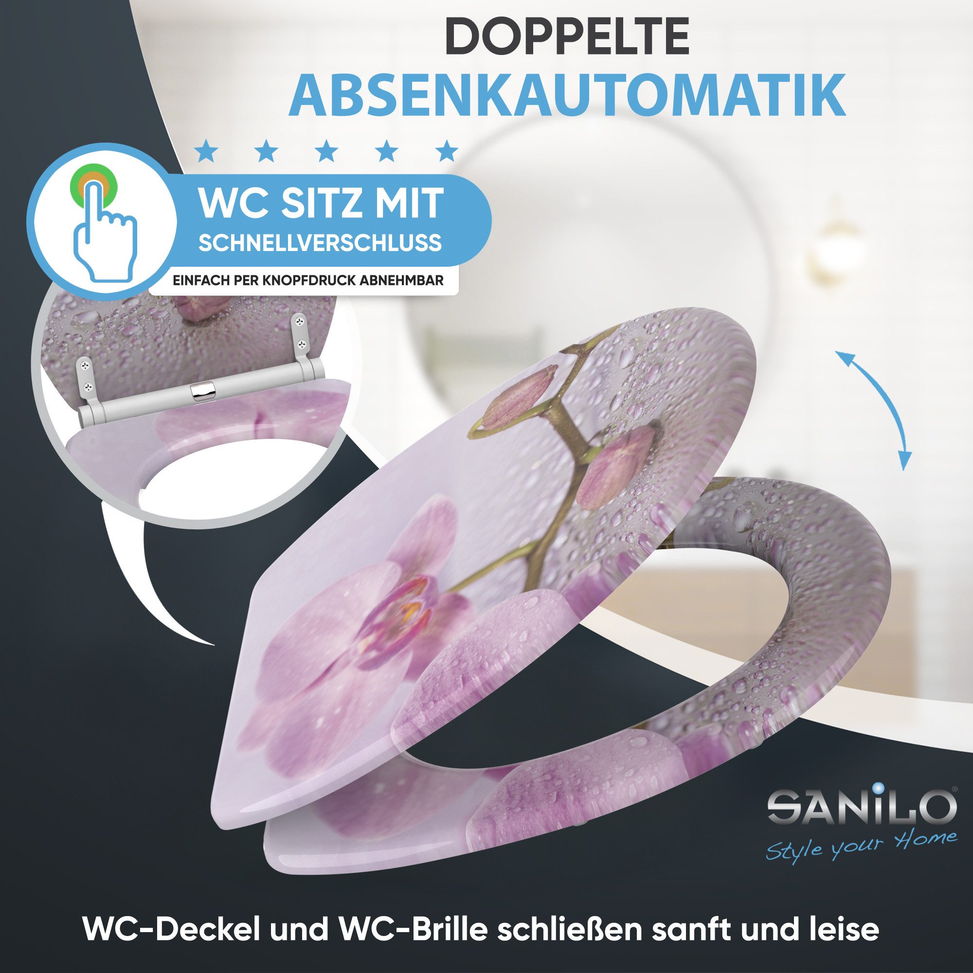 Sanilo WC-Sitz Blooming mit Absenkautomatik & Quick Release, Premium Toilettendeckel, abnehmbar, leichte Montage von oben