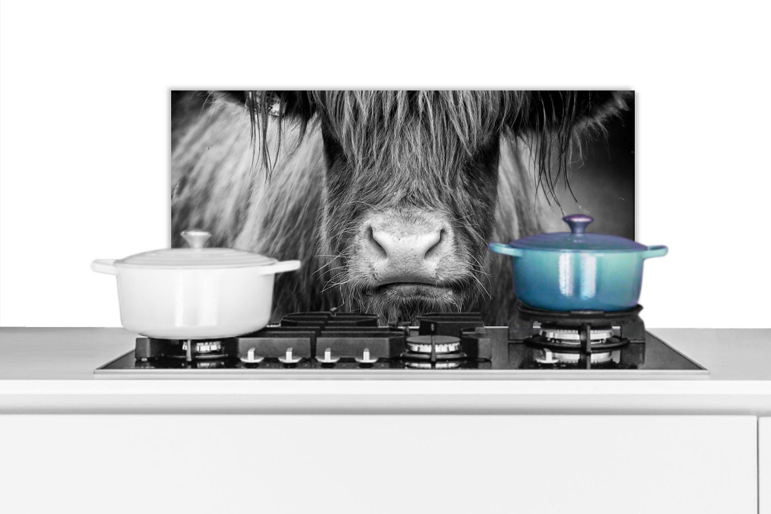 MuchoWow Küchenrückwand Schottischer Highlander - Kuh - Schwarz - Weiß - Tiere, (1-tlg), 60x30 cm, Wandschutz, gegen Fett und Schmutzflecken für Küchen | Küchenrückwände