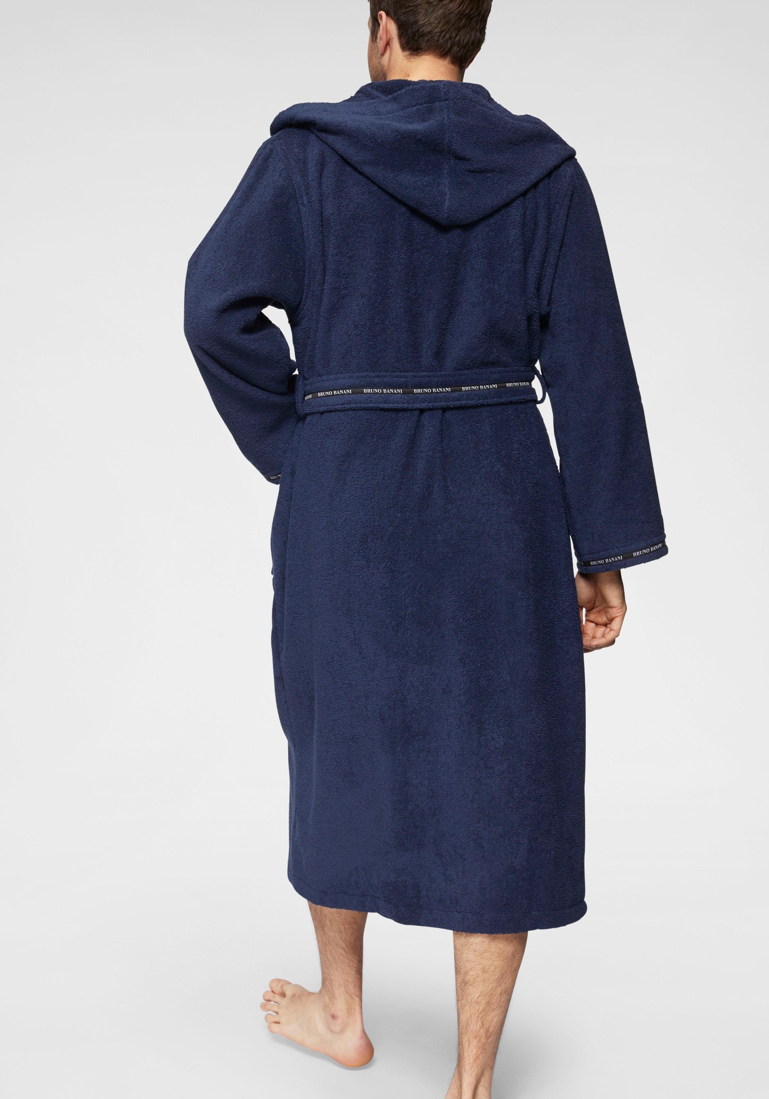 Bruno Banani Herrenbademantel Danny, Normallänge & Überlänge, auch in extra lang, Hotelbademantel, Langform, Walkfrottee, Kapuze, Gürtel, mit Logostreifen, Herren Bademantel aus 100% Baumwolle, S-4XL