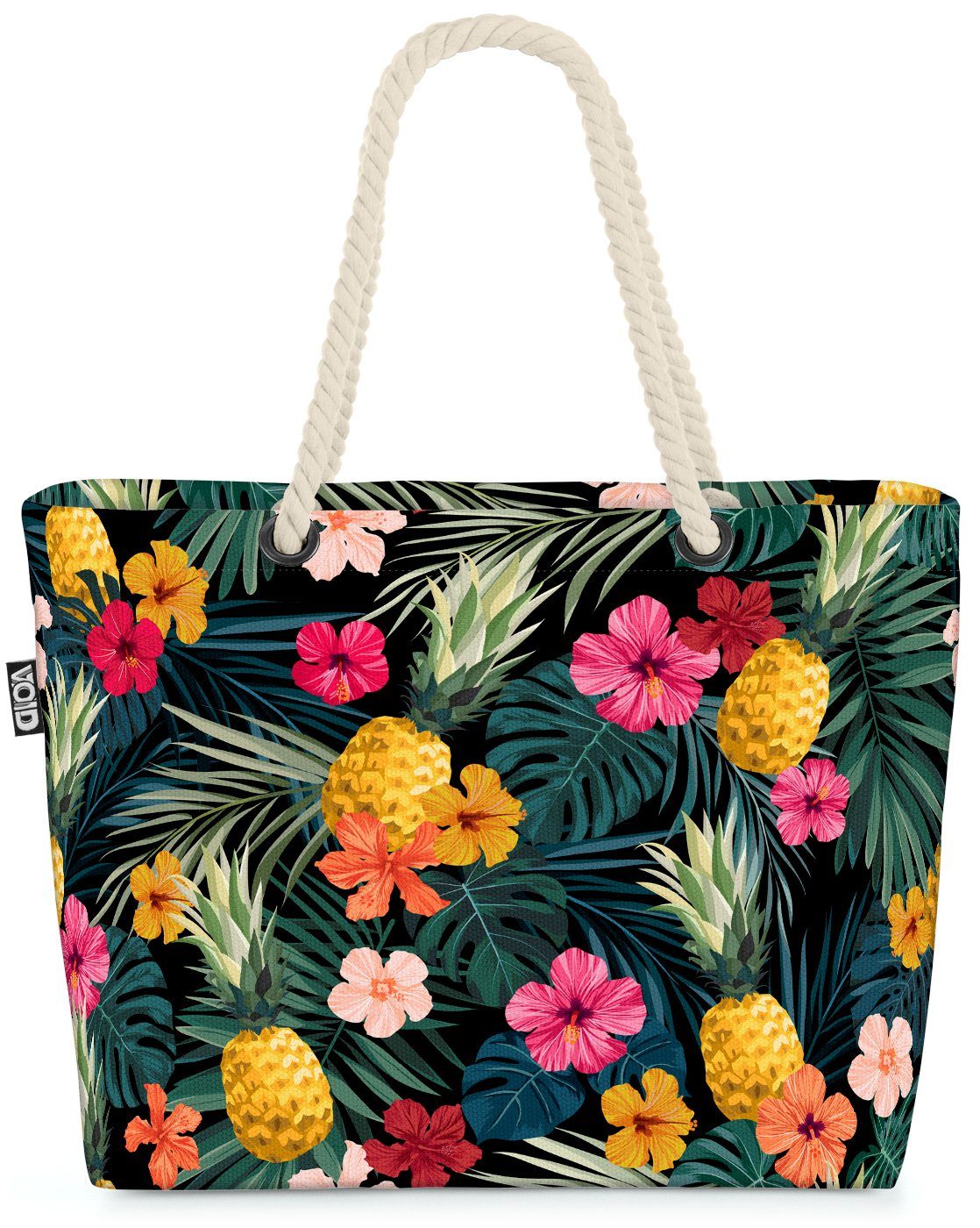 VOID Strandtasche (1-tlg), Tropische Ananas Beach Bag Tropen Blumen-Muster gemustert Hibiskus-Blüten Palme