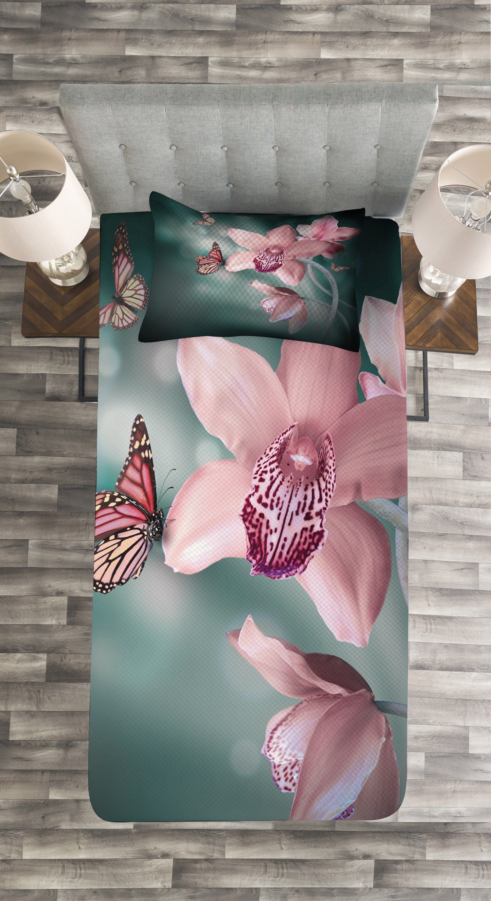 Waschbar, Blumen Kissenbezügen mit Tagesdecke Abakuhaus, Schmetterling Orchideen-Blume Set