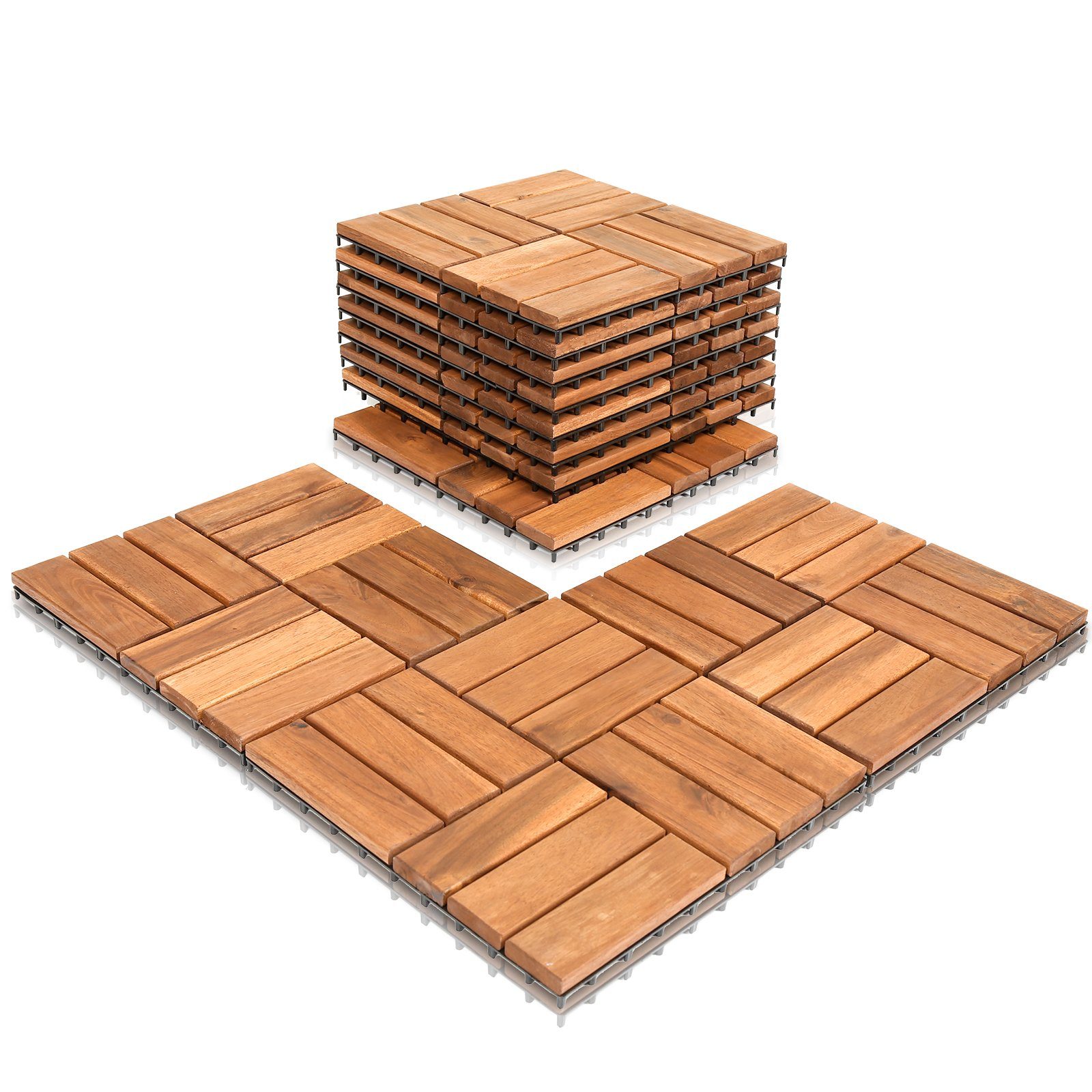 Clanmacy Holzfliesen aus Akazien Holz Terrassenfliesen Klickfliesen 30x30cm 11 Stück Fliese 1m² Bodenfliesen für Terrassen und Balkon Mosaik Bodenbelag, Holzoptik type1