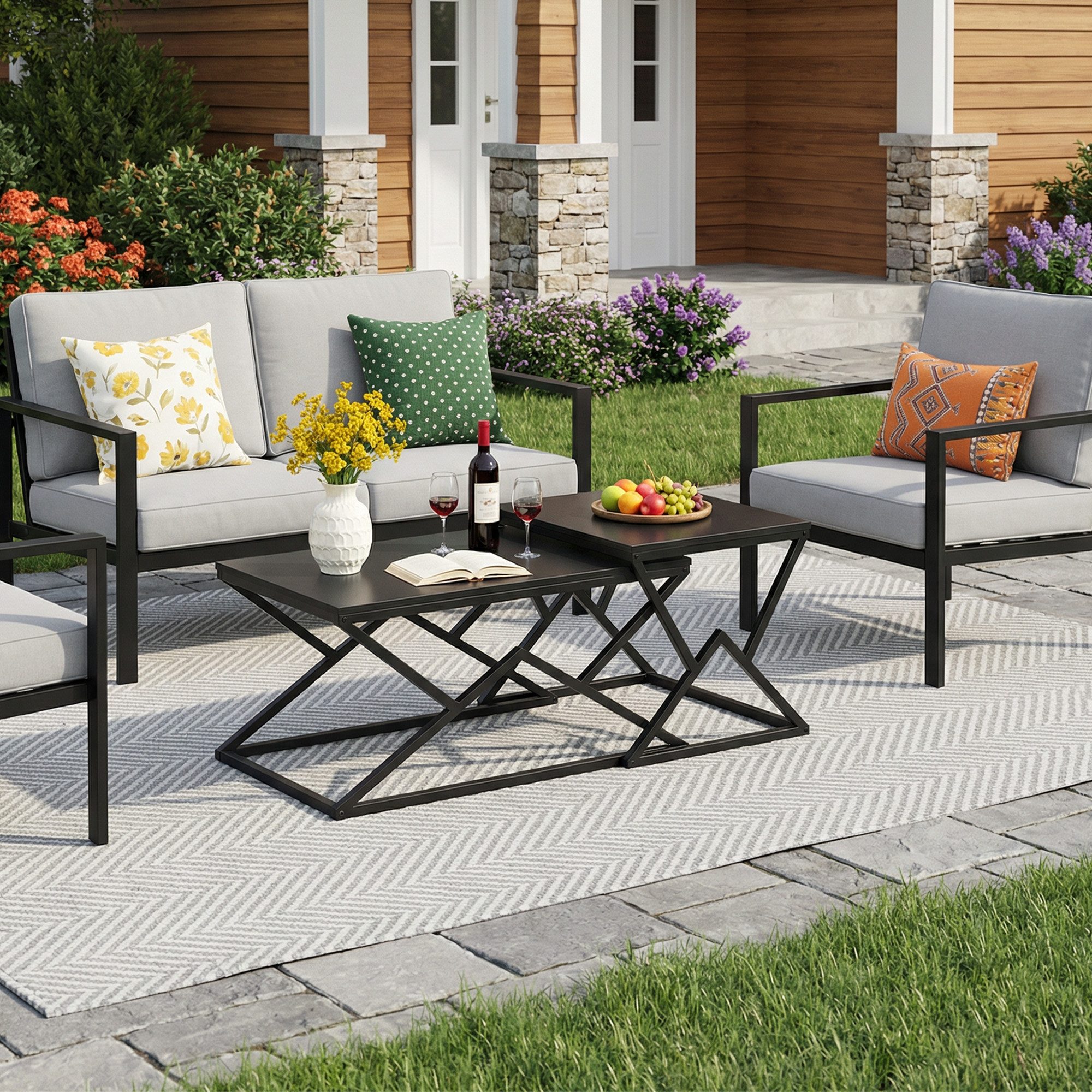 MODFU Couchtisch moderner geometrischer (schwarzer Industrial-Stil mit Holzplatte und stabilem Metallgestell als Beistelltisch und Cocktailtisch für Wohnzimmer, 1-St)