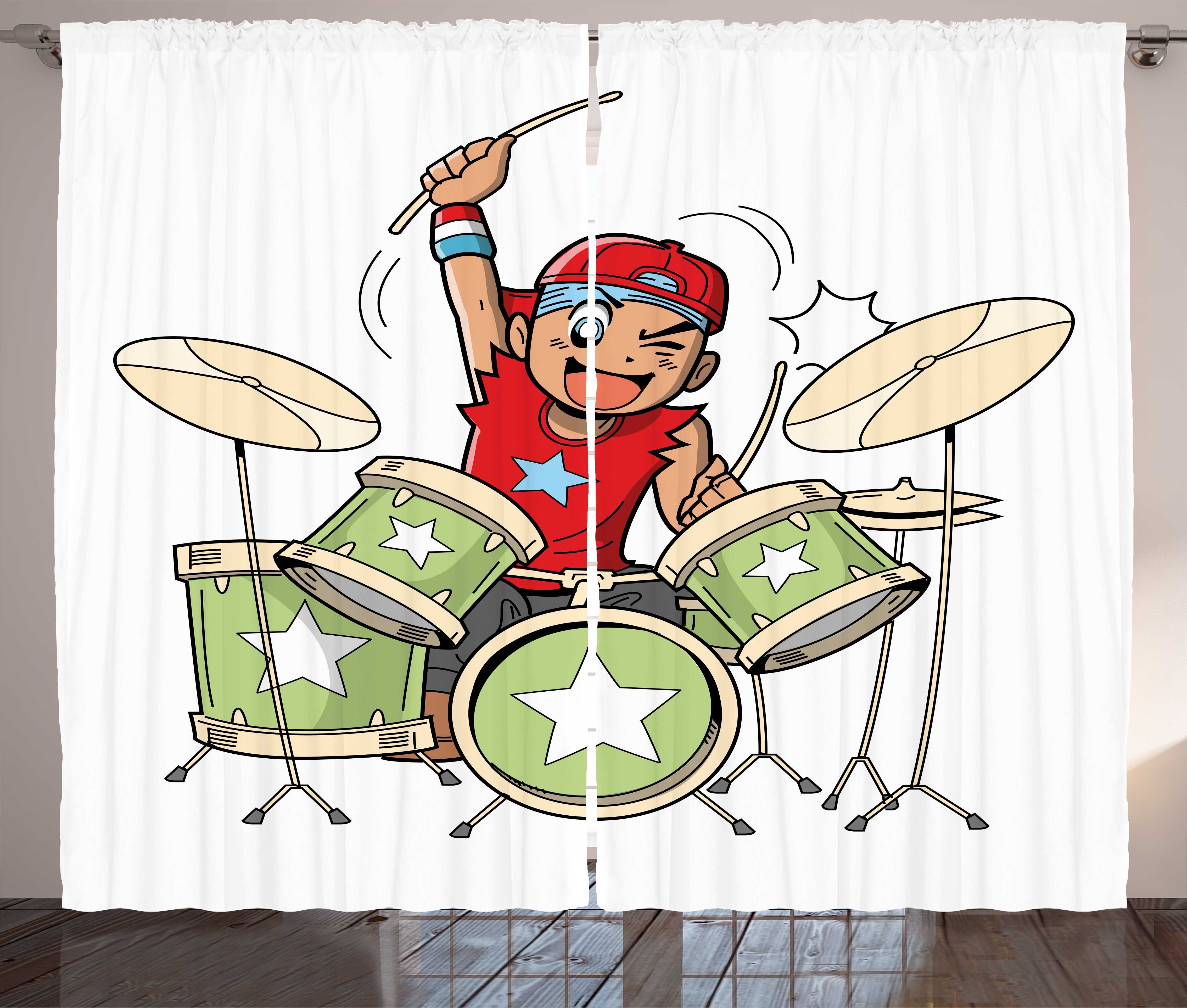 Gardine Schlafzimmer Kräuselband Vorhang mit Schlaufen Abakuhaus, Haken, und Schlagzeug Schlagzeuger Junge Cartoon-Stil