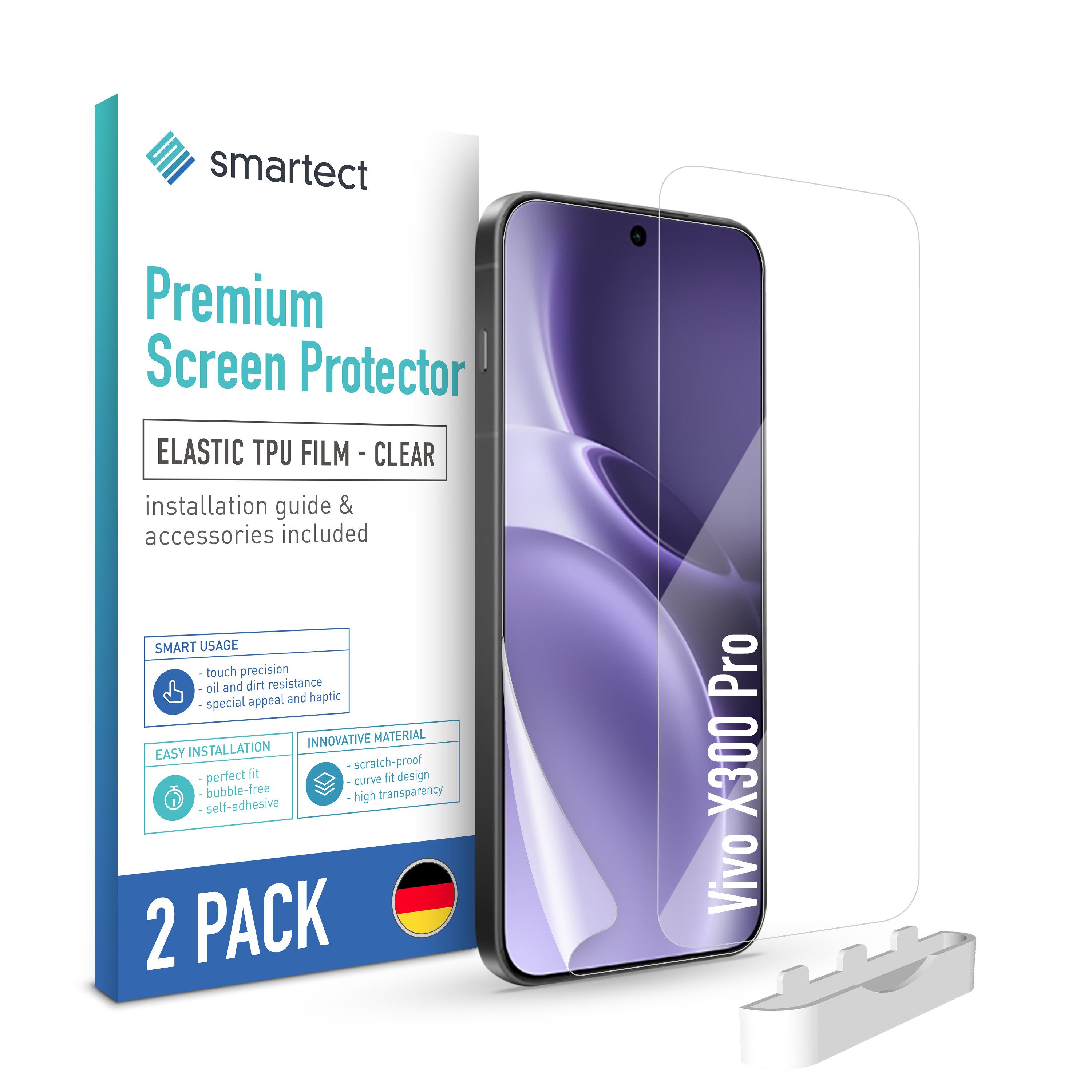 smartect Displayschutzfolie 2X TPU Schutzfolie Klar für Vivo X300 Pro für Vivo X300 Pro, Set, 2 Stück, Ultra-klar, Kratzfest, Blasenfrei, Oleophob, Fingerabdruck kompatibel