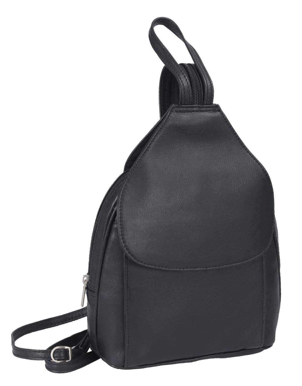 GlücksNugget Cityrucksack kleiner Lederrucksack mit Überschlag schwarz teilbarer Schulterriemen