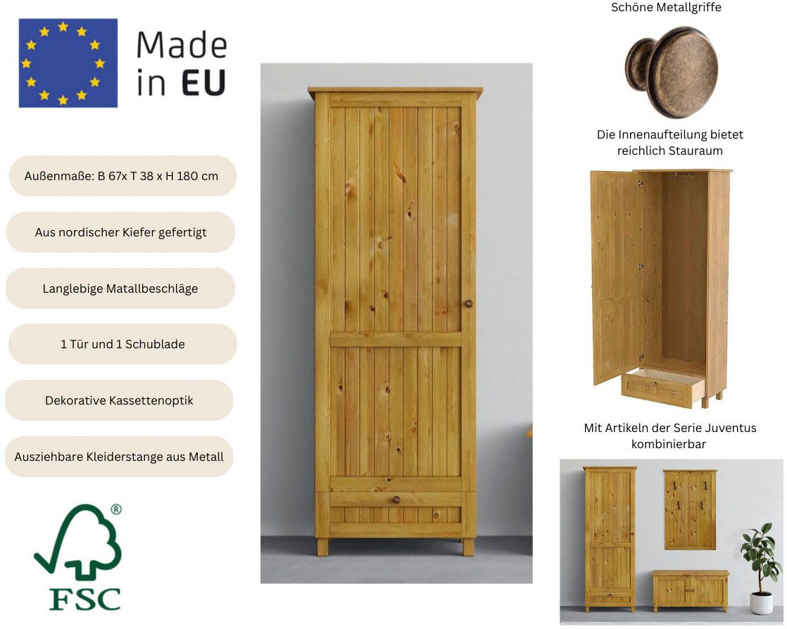 OTTO home Garderobenschrank Juventus (1-St) aus massiver Kiefer, Breite 67cm, mit Kleiderstange