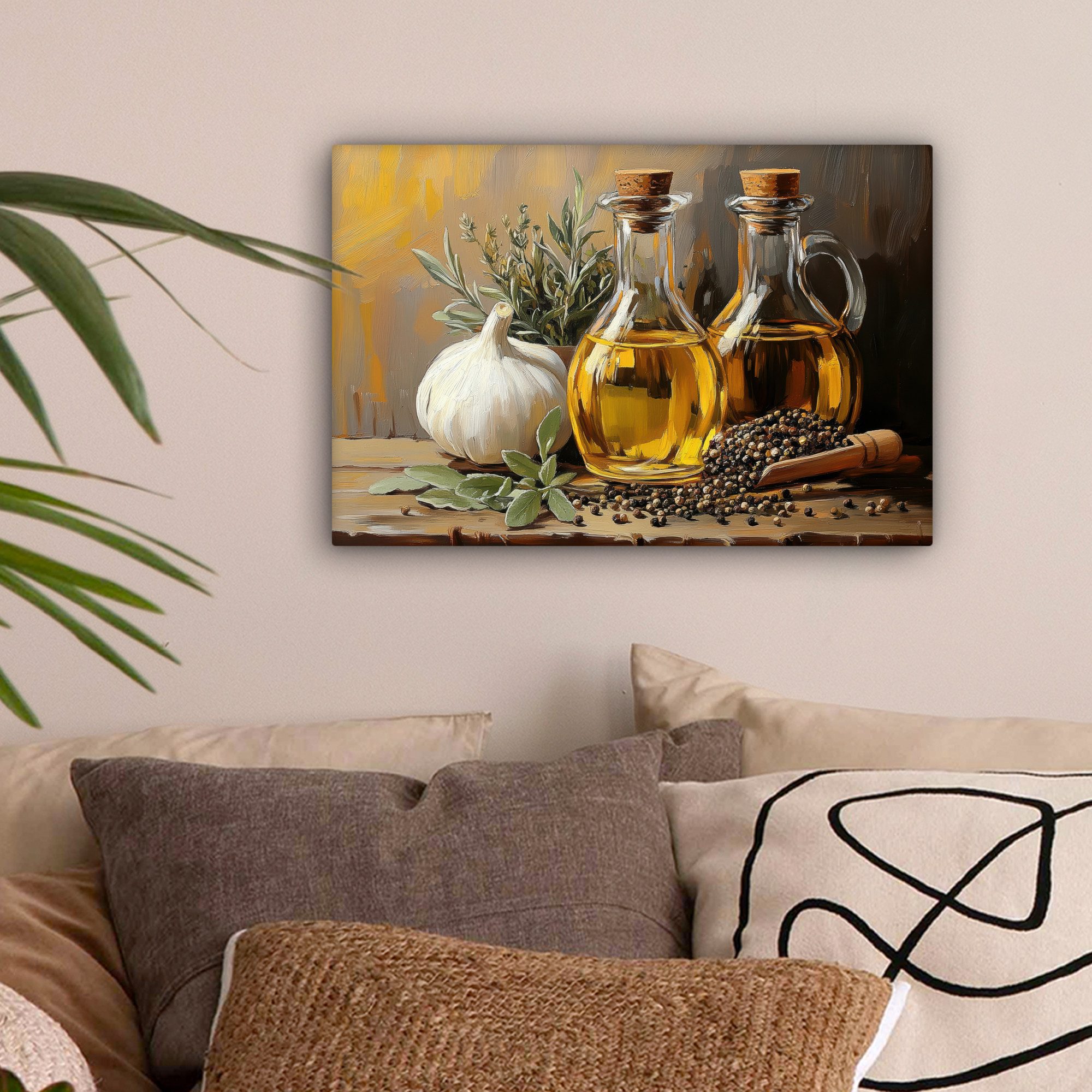 OneMillionCanvasses® Leinwandbild Stilleben - Olivenöl - Knoblauch - Kräute günstig online kaufen