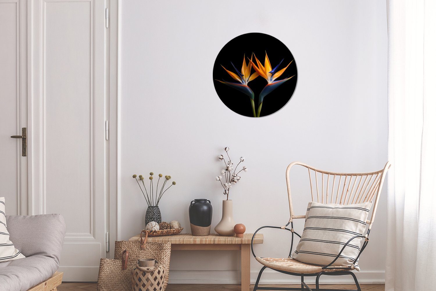 Wohnzimmer - Tapetenkreis Blumen (1 MuchoWow Tapetenaufkleber, Porträt Kinderzimmer, Pflanzen Paradiesvogelblume - - Wandsticker Rund, Schwarz - St), für