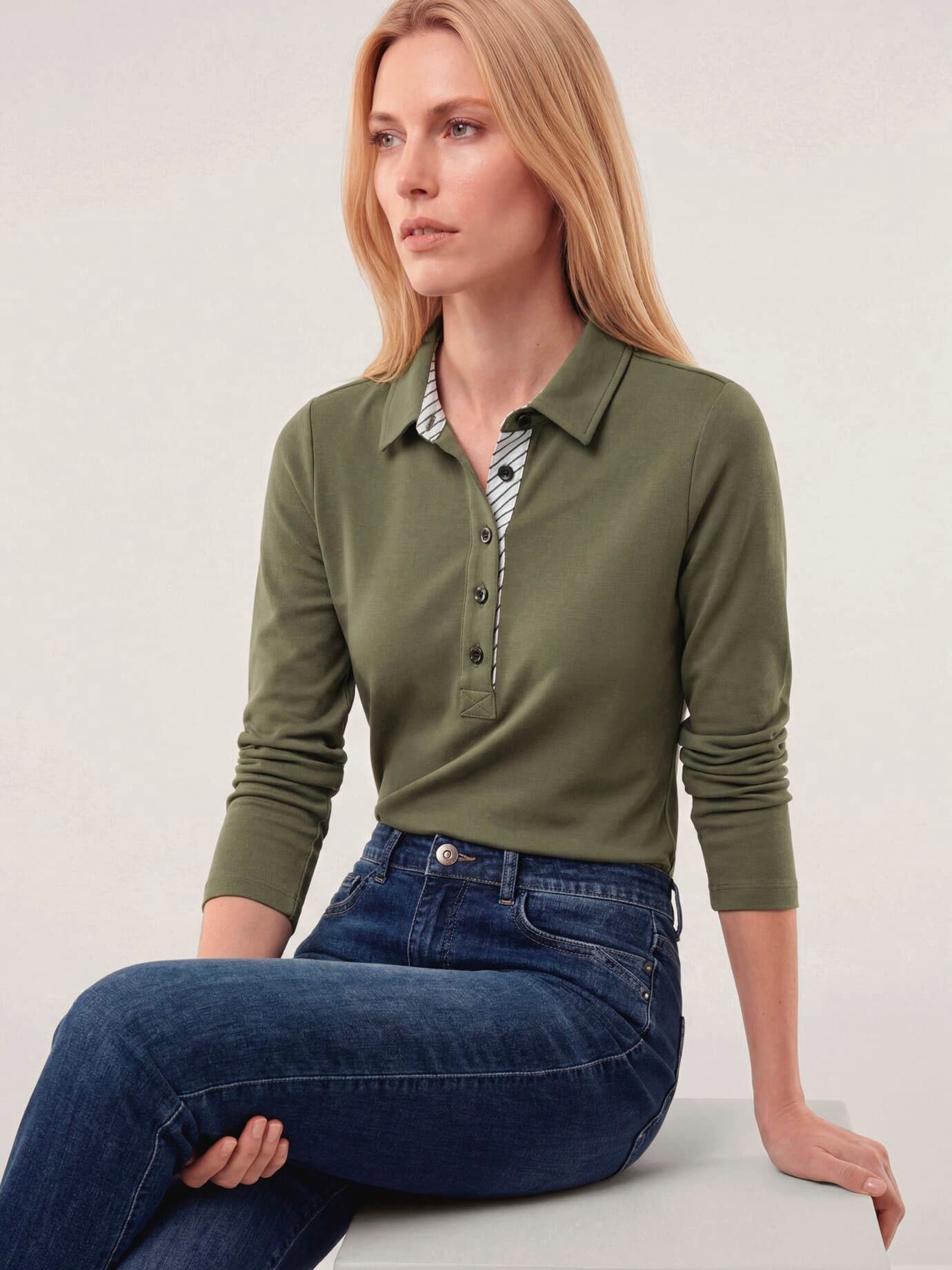 Walbusch Poloshirt Damen Poloshirt aus Baumwolle Polokragen Langarm, Polokragen