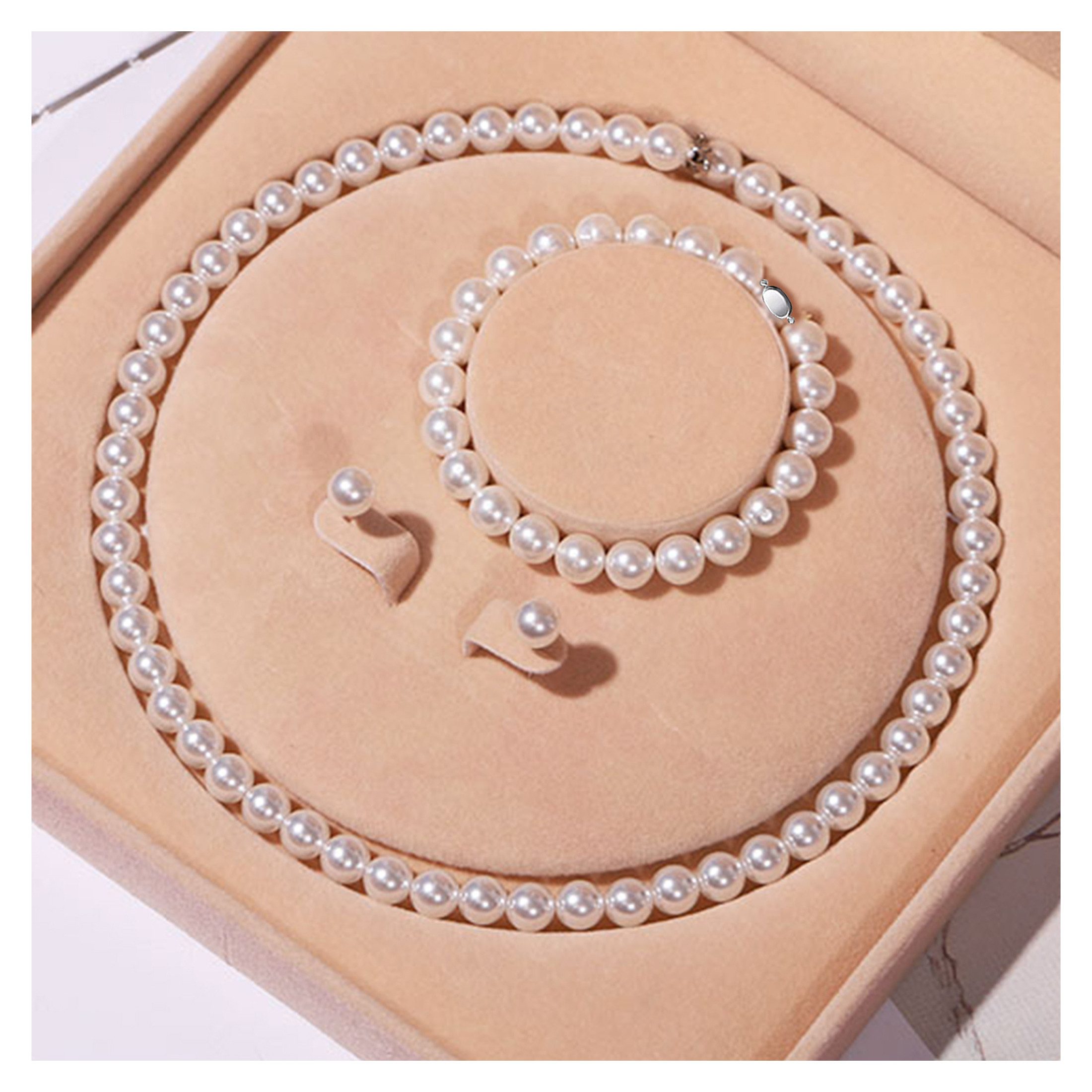 ibettertec Perlenketten-Set 9-10mm Muschelperlen für Frauen Männer Weiße Runde Simulierte (Simulierte Muschel Perle Halskette Armband Ohrringe, Choker Perle Halskette Set,Muschel Perlenkette), für Weihnachtsgeschenke, Neujahrsgeschenke, Geschenkverpackung