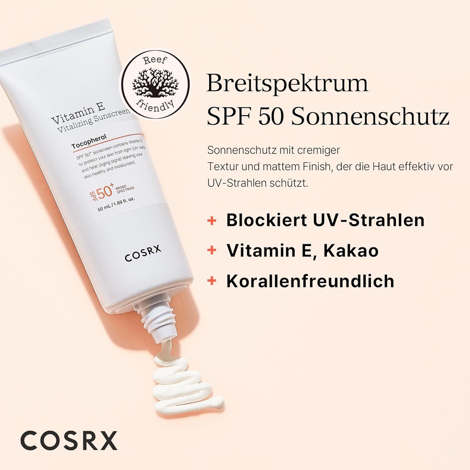 Cosrx Sonnenschutzcreme Vitamin E Vitalizing Sunscreen SPF 50+ PA+++ 50 ml – Koreanische, Sonnencreme UVA/UVB, mattes Finish ohne, Weißelffekt, antioxidative Pflege, mit Vitamin E für fettige & empfindliche Haut
