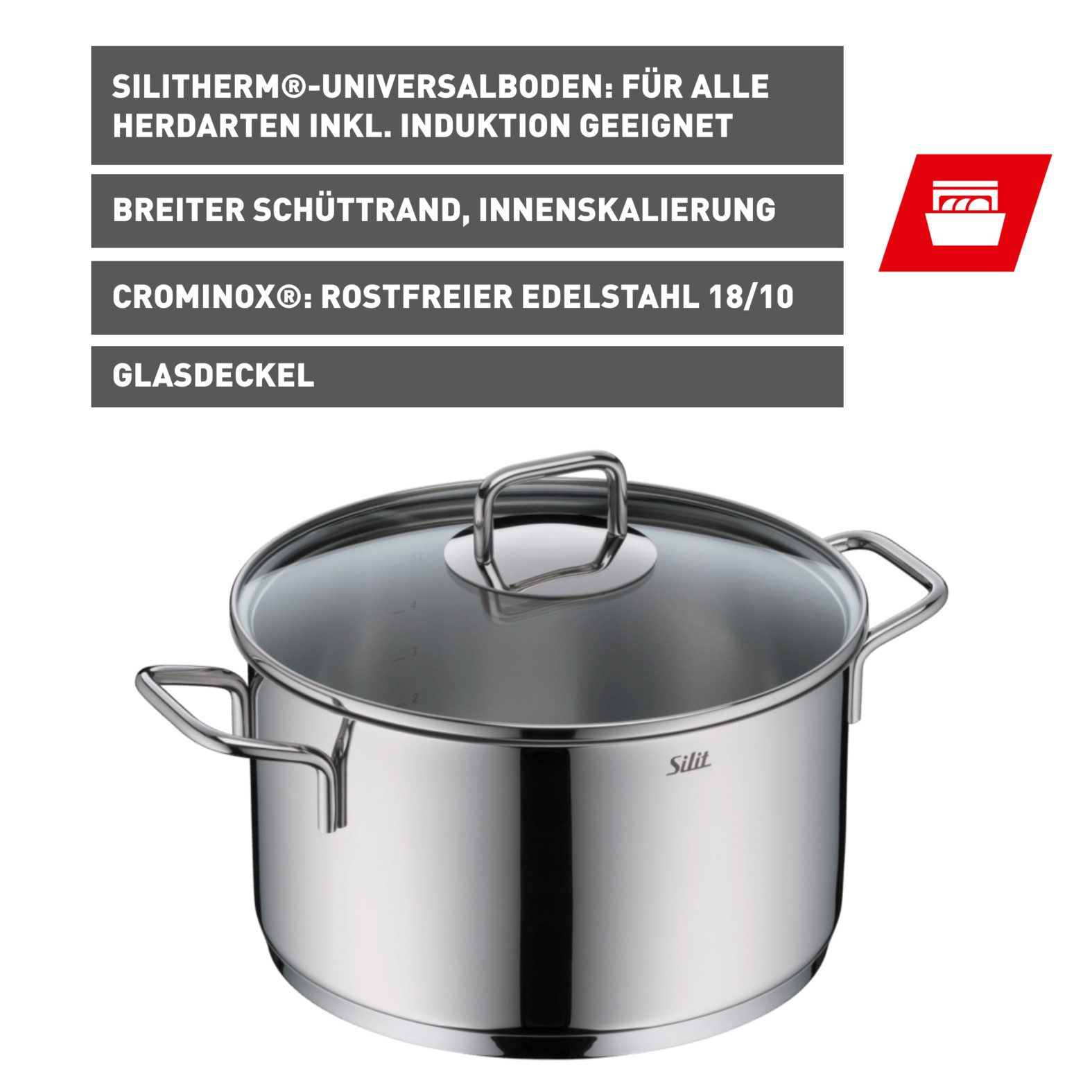 Silit Kochtopf Extra Cook, mit Glasdeckel, Edelstahl 18/10 (2-tlg), SiliTherm Universalboden, induktionsgeeignet, spülmaschinengeeignet