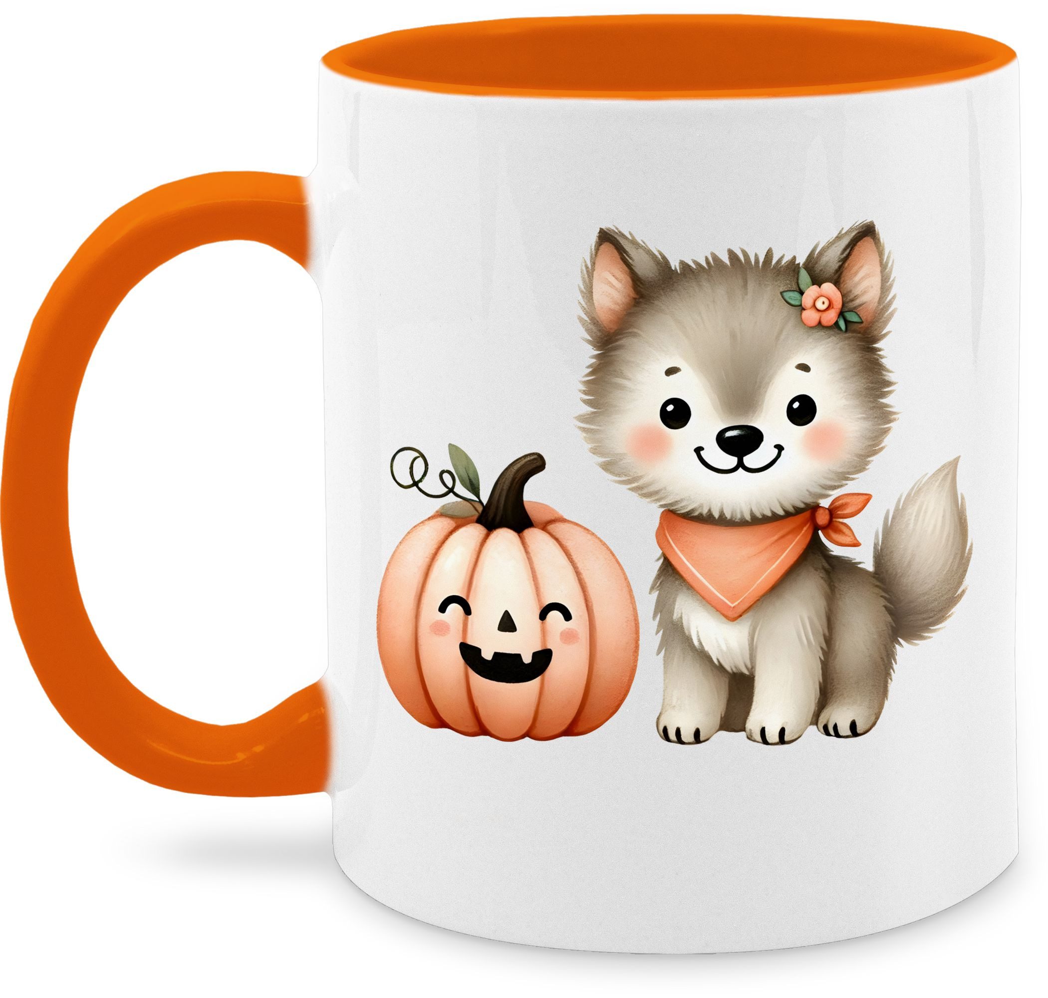 Shirtracer Tasse Süßer Wolf mit Kürbis, Halloween Wolf, Lustiges Herbst Motiv für Kin, Keramik, Halloween Tassen