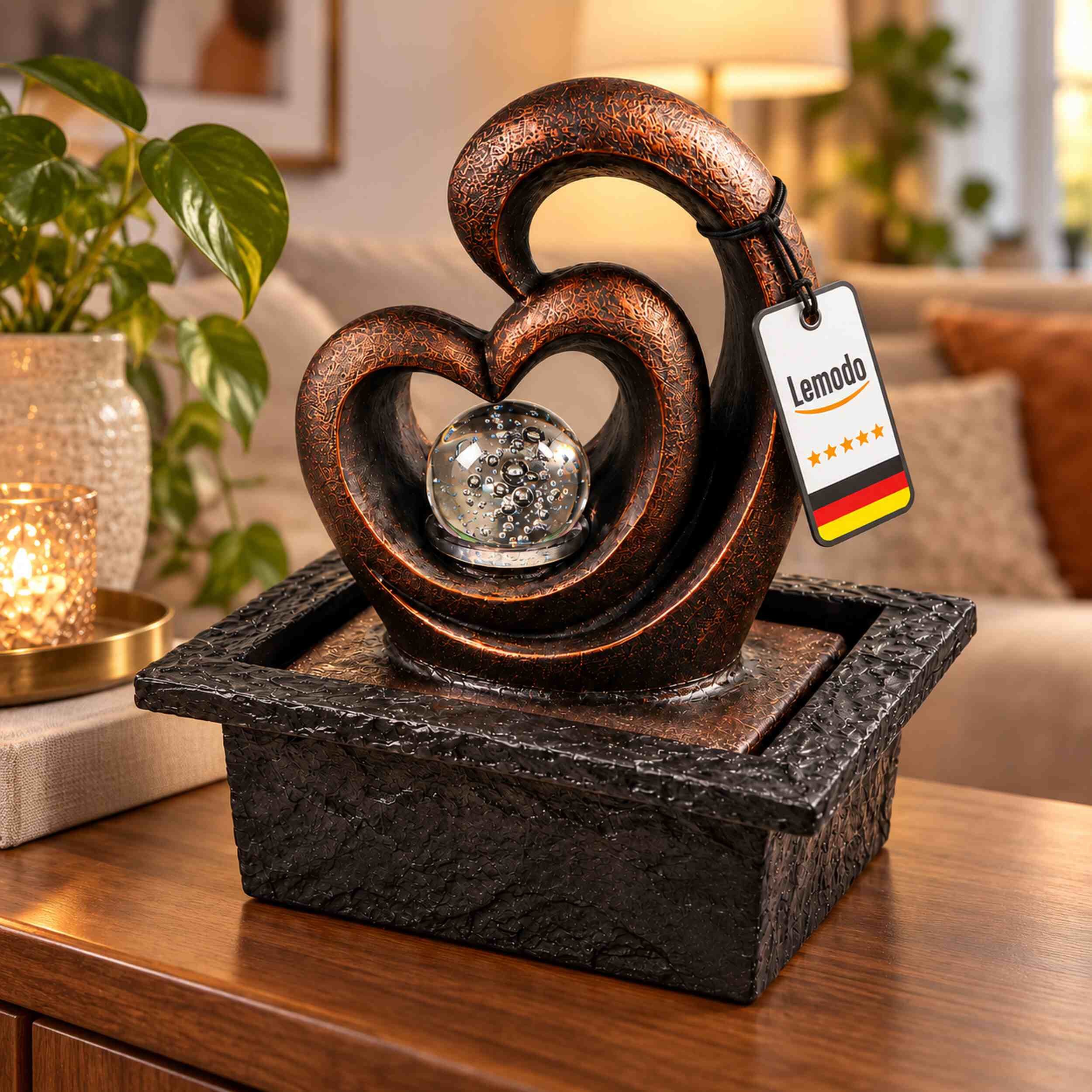 Lemodo Zimmerbrunnen Herzform mit rotierender Glaskugel, inkl. LED-Beleuchtung, mit rotierender Glaskugel