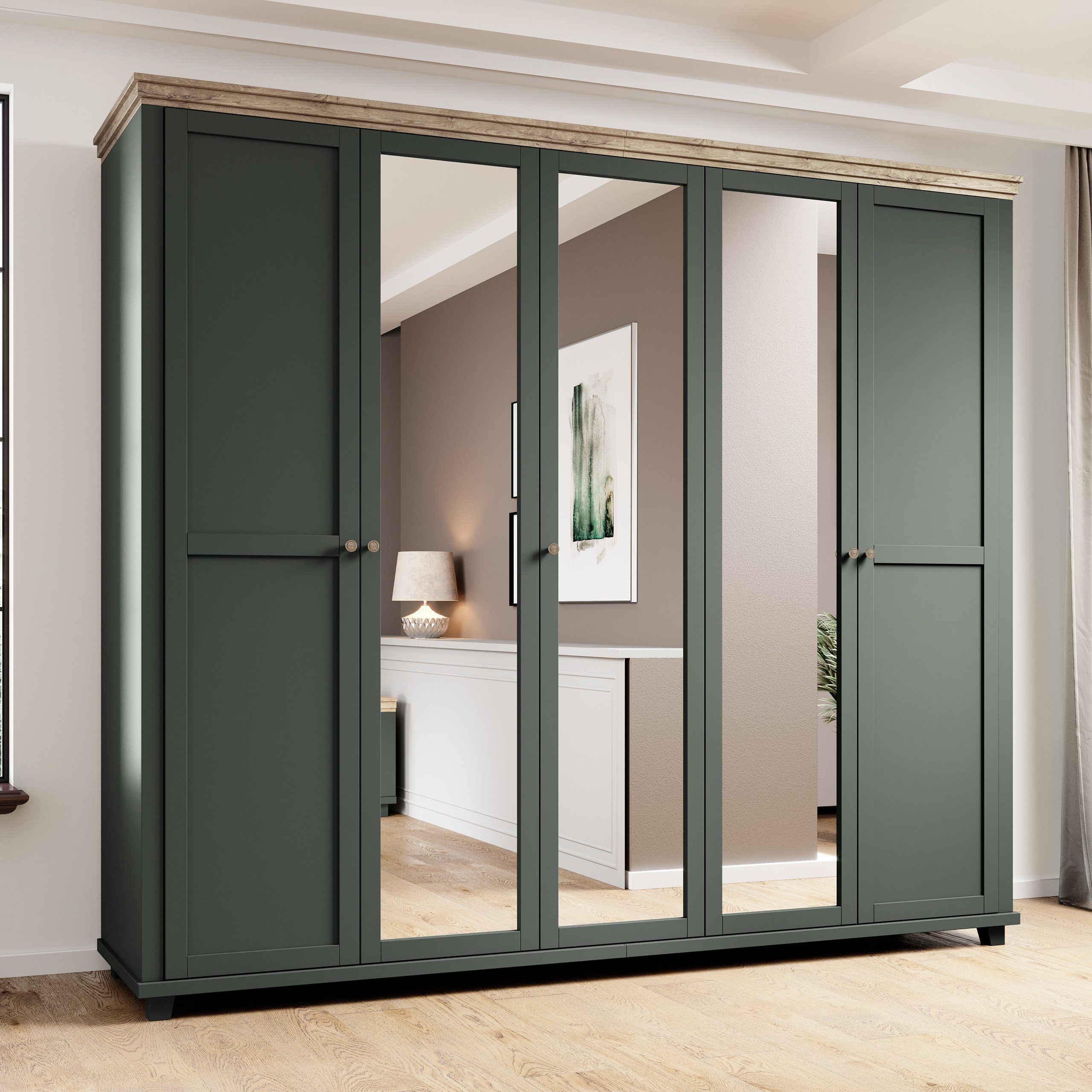 Masseno Drehtürenschrank EVOLETTA 246 cm Kleiderschrank mit Spiegel 5 Türen Grün