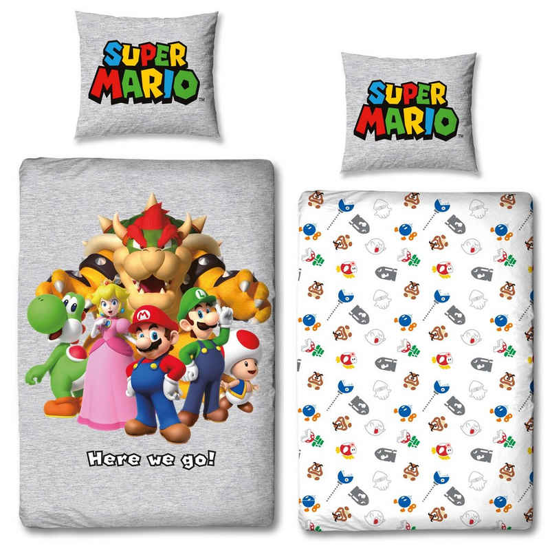 Bettwäsche Super Mario 135x200 + 80x80 cm, 100 % Baumwolle, MTOnlinehandel, Renforcé, 2 teilig, offiziell lizenzierte Nintendo Bettwäsche für Kinder & Teenager