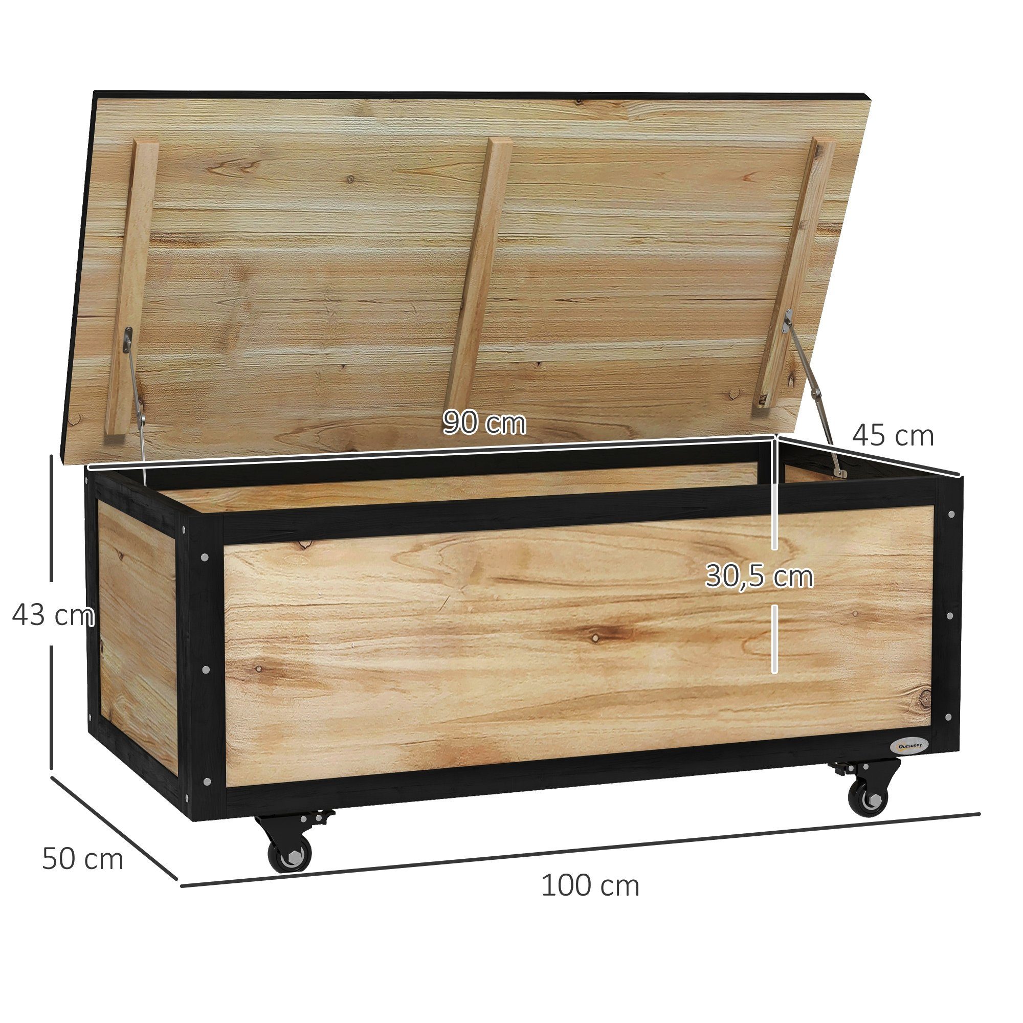 Outsunny Gartenbox 121L, aus Holz, Gartenbox, Auflagenbox mit Rollen (Aufbewahrungsbox, 1 St., Aufbewahrungskiste), für Balkon, Terrasse, Natur