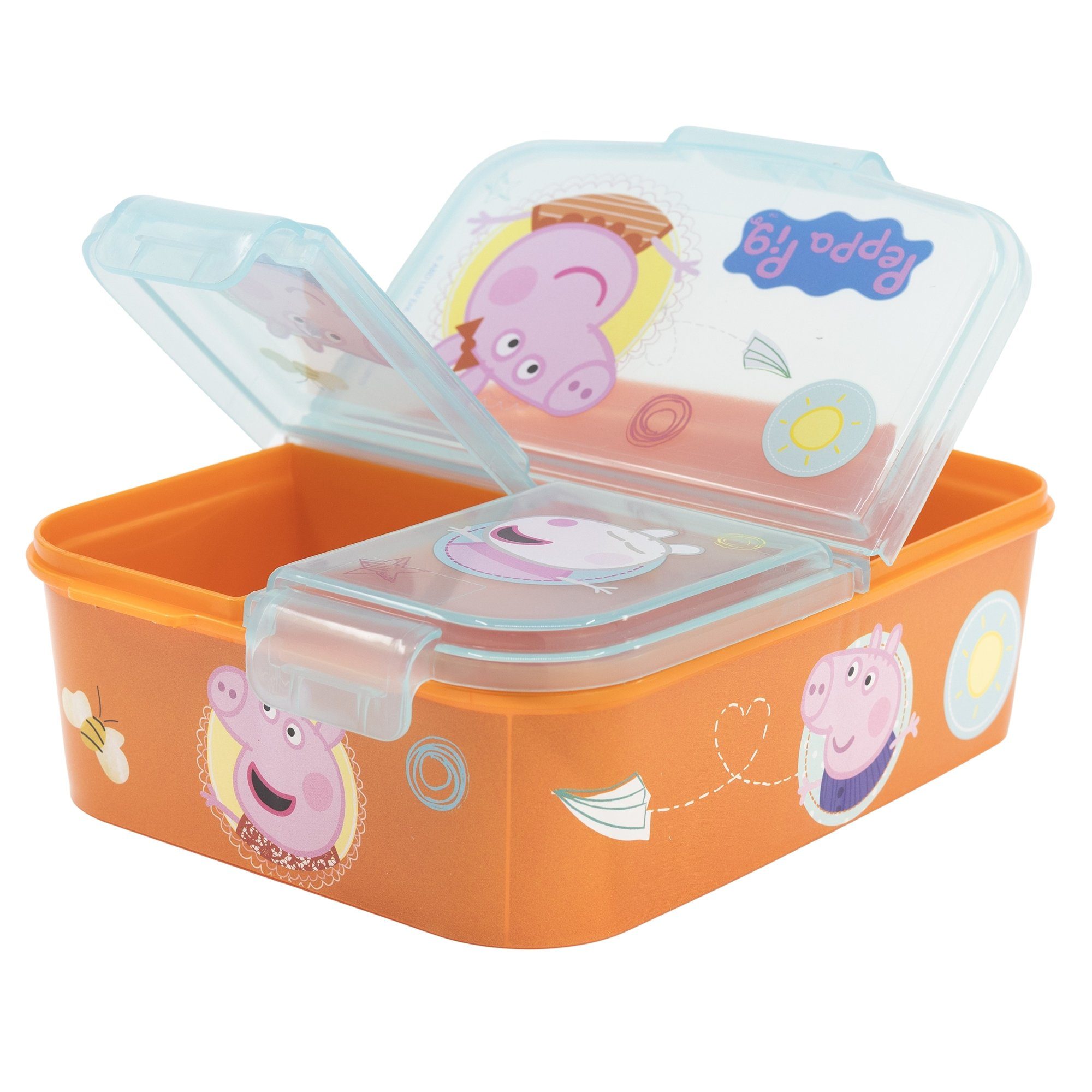Besteck (4-tlg), 4 Kunststoff Pig Aluminium, Alu-Trinkflasche Peppa Peppa 3 Wutz Kinder Lunchbox Brotdose teiliges Pig Frühstücks-Set, Kammern