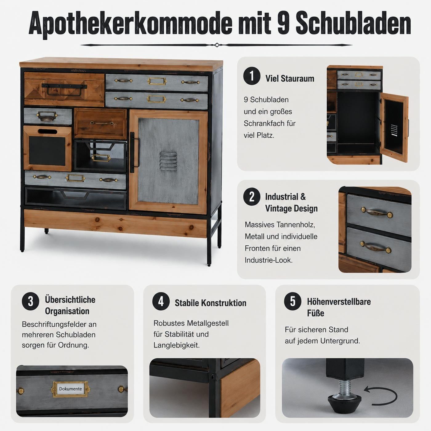 MCW Kommode MCW-Q77-9 (1 St), im angesagten Industrial- und Vintage-Design