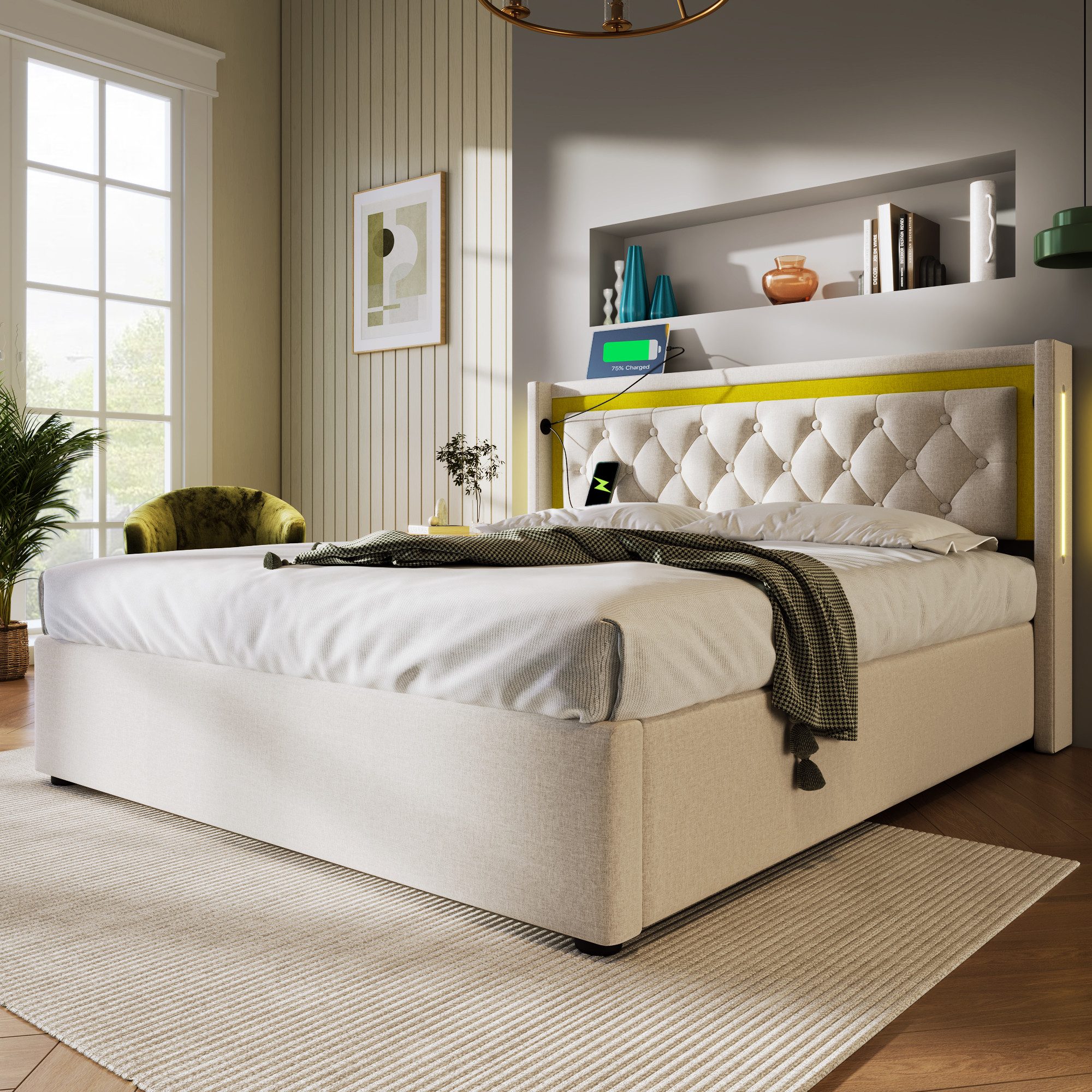 Polsterbett 160x200 Stauraumbett mit USB Typ C,Jugendbett Doppelbett mit LED
