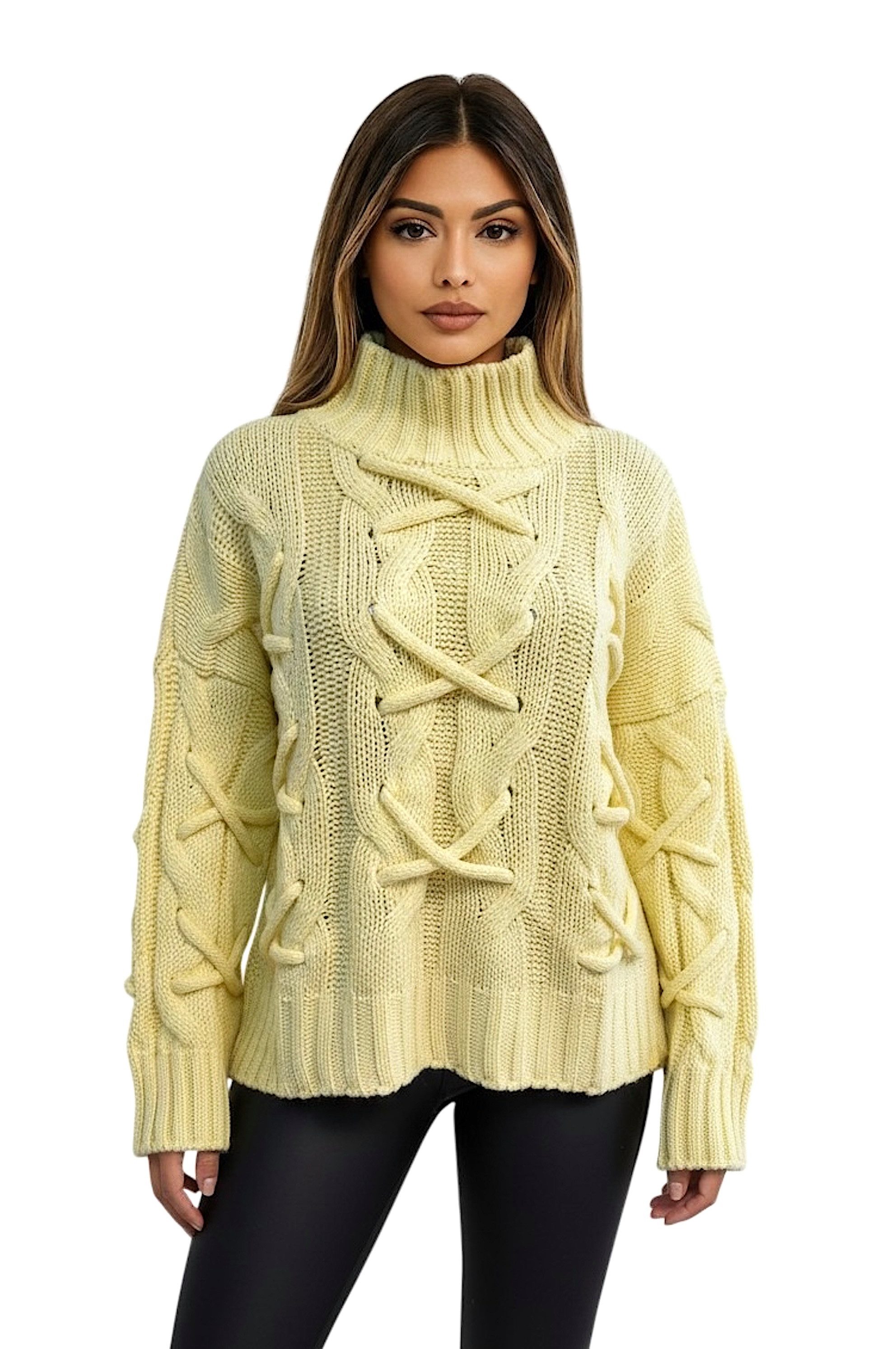 Worldclassca Longpullover WORLDCLASSCA Strickpulllover Lang Zopf Kreuz Muster Stehkragen Winter Neue Kollektion - Stilvolle und gemütliche Strickmode für Damen