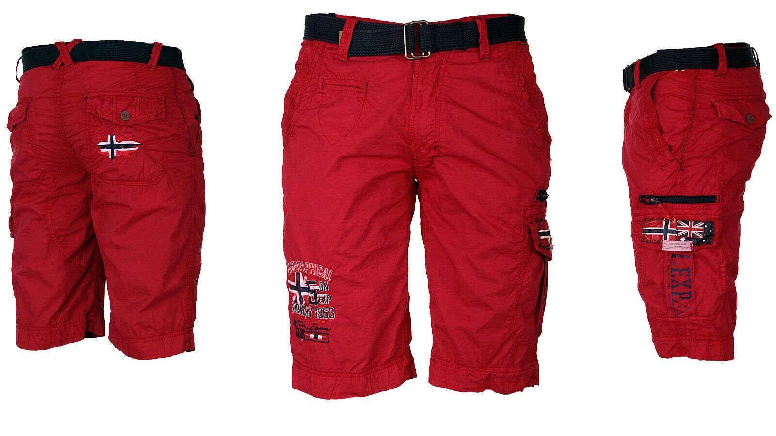 Geographical Norway Shorts knielang Shorts Hose Bermuda Parodi Cargo + Herren Rot kurze Short Gürtel