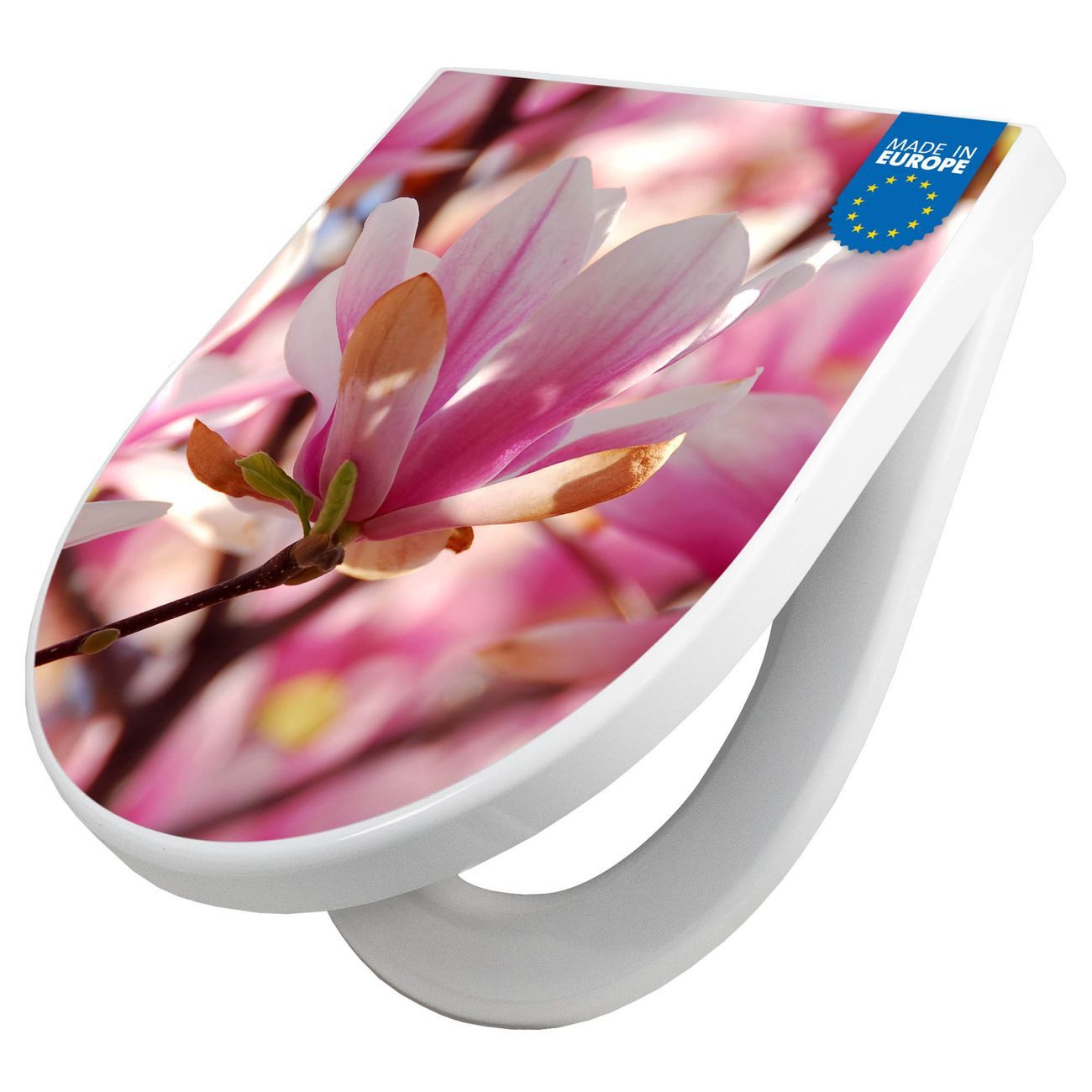 banjado WC-Sitz Premium D-Form mit Absenkautomatik Motiv Magnolia (umweltfreundliches Material, Softclose Absenkautomatik), 45 x 36,4 x 4