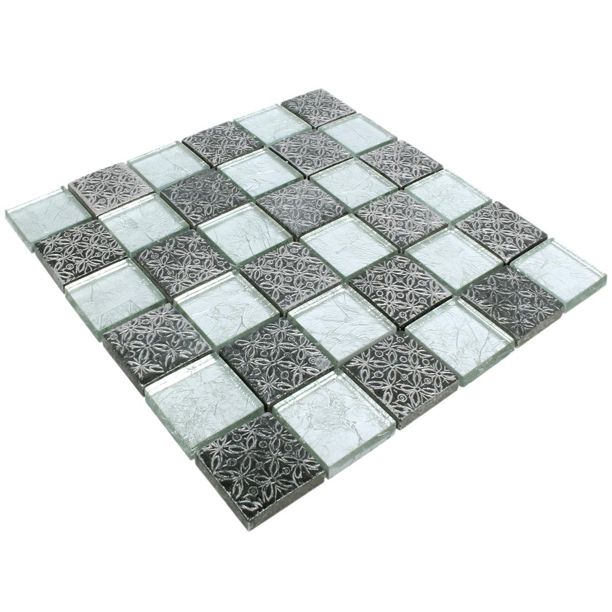 Mosafil Mosaikfliesen Mosaikfliesen Friesia Glas Naturstein Resin Mix, Naturstein-Resin-Glas 30.000x30.000, schwarz-silber, Verlegefertig auf ein Netz geklebt