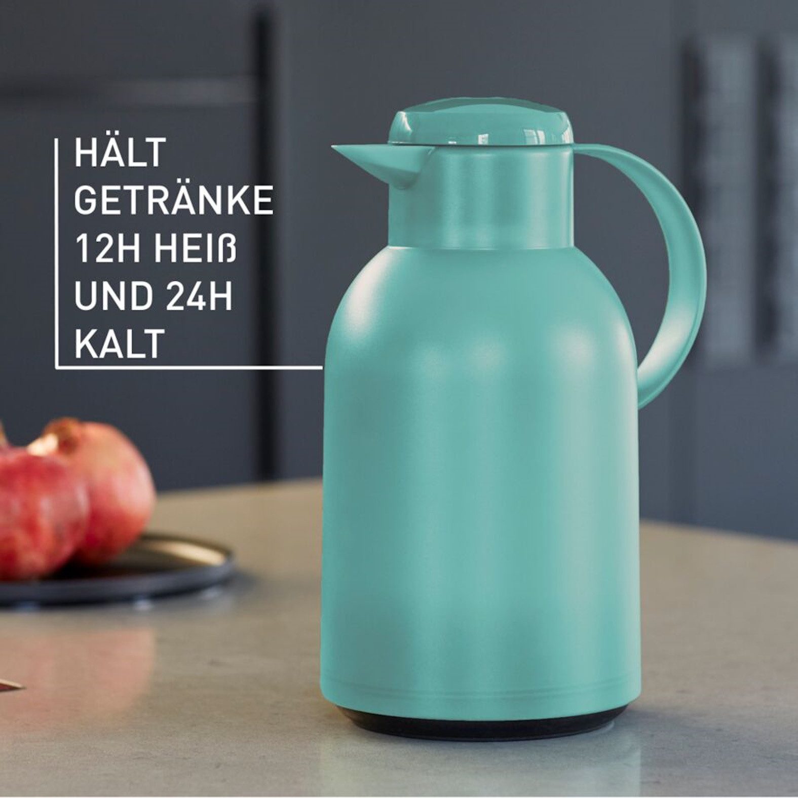 Emsa Isolierkanne Samba, 1,5 l, XXL-Modell, zeitloses Design, einfacher Knopfdruck, 24h kalt, 12h warm