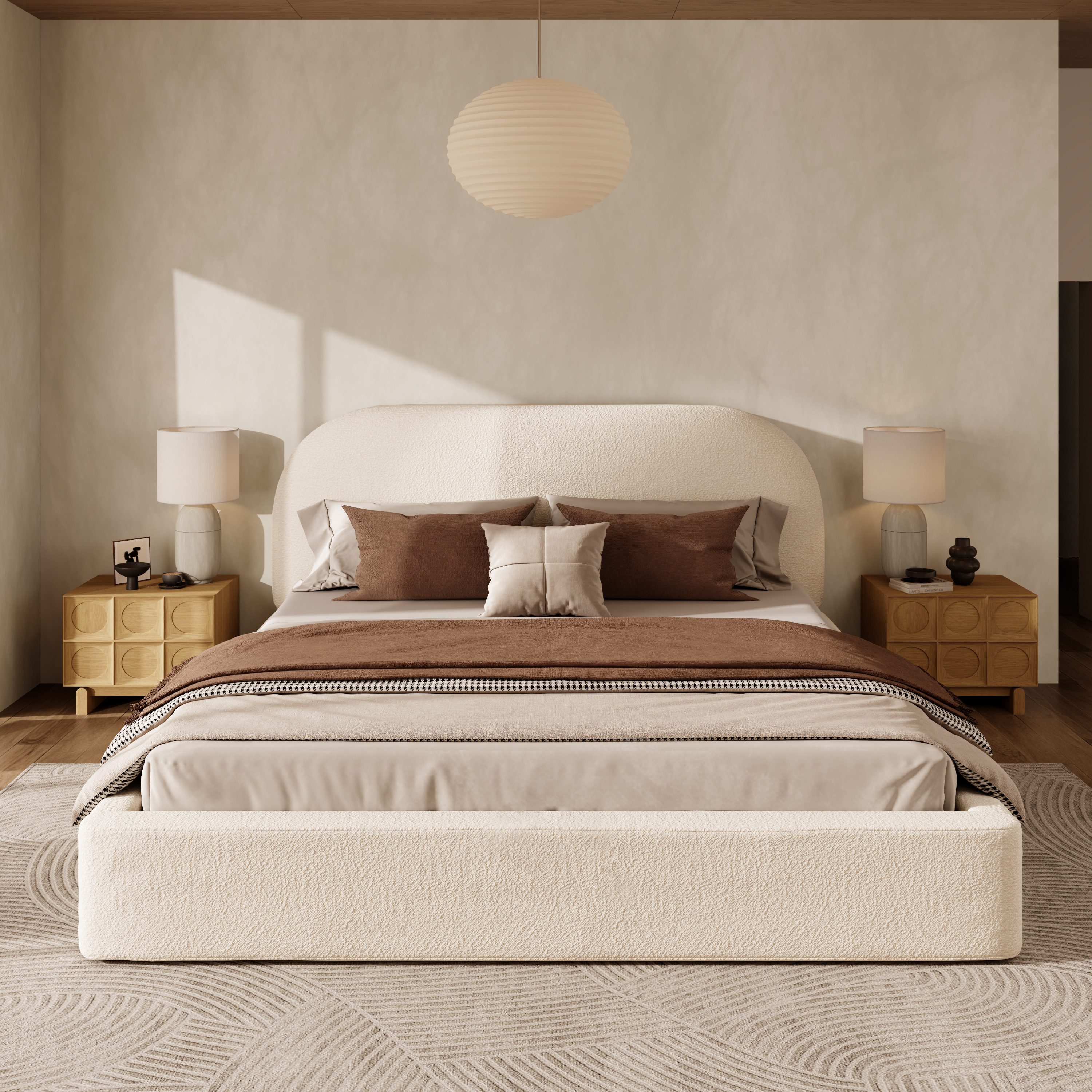 REDOM Polsterbett 180x200 cm aus Bouclé mit Lattenrost (Beiges Bouclé-Doppelbett, 1-tlg., Inkl. Lattenrost, weiches Polster-Kopfteil), Ideal für moderne Schlafzimmer & gemütliche Atmosphäre, ohne Matratze